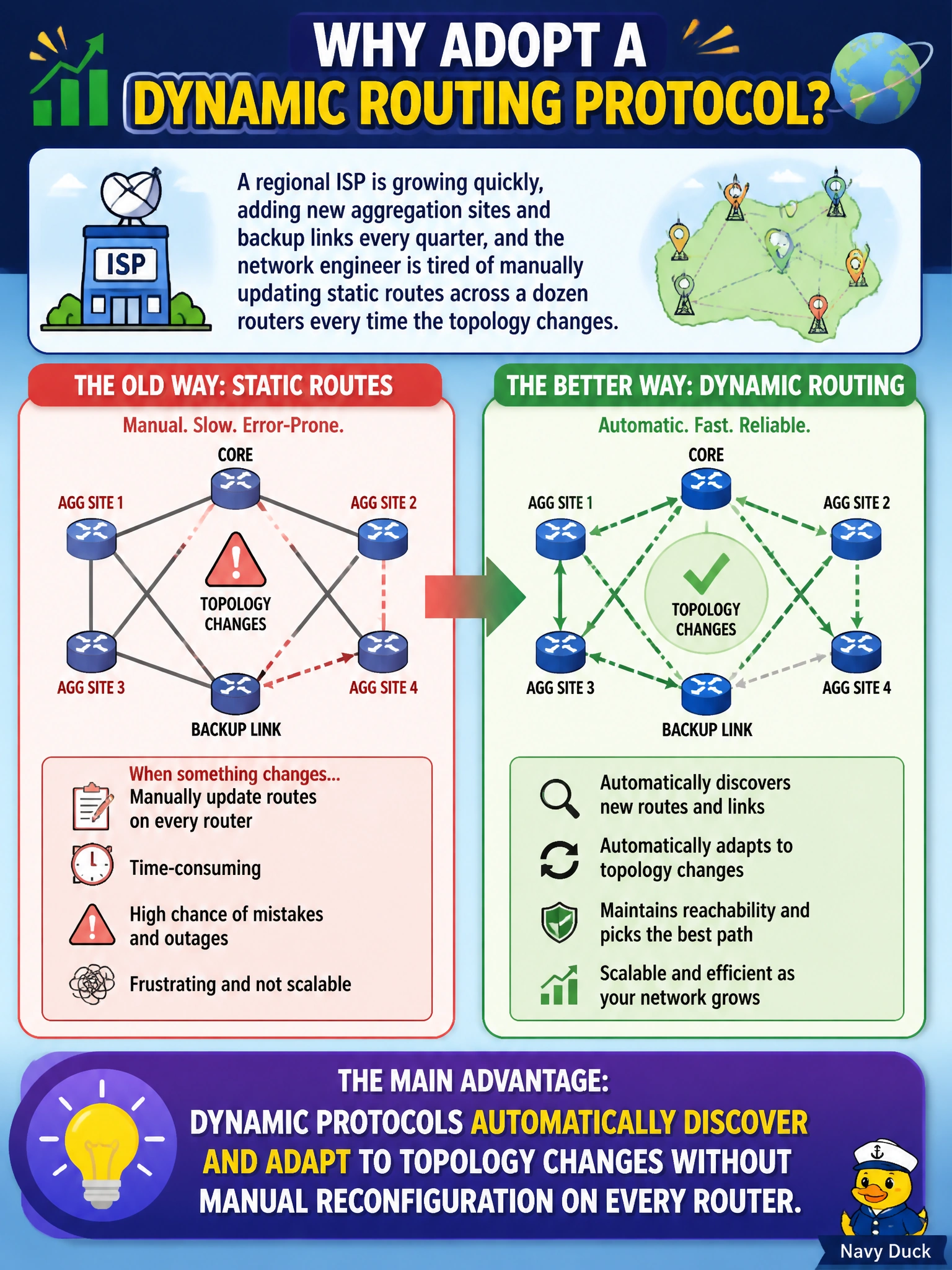 To Create an exciting colorful infographic that explains the concepts in the question: Question: A regional ISP is growing quickly, adding new aggregation sites and backup links every quarter, and the network engineer is tired of manually updating static routes across a dozen routers every time the topology changes. What is the main advantage of adopting a dynamic routing protocol in this situation? Correct Answer: Dynamic protocols automatically discover and adapt to topology changes without manual reconfiguration on every router Put EVERY visible label in double quotes. No people. No A/B/C/D letters. In one of the four corners put a little "Navy Duck".