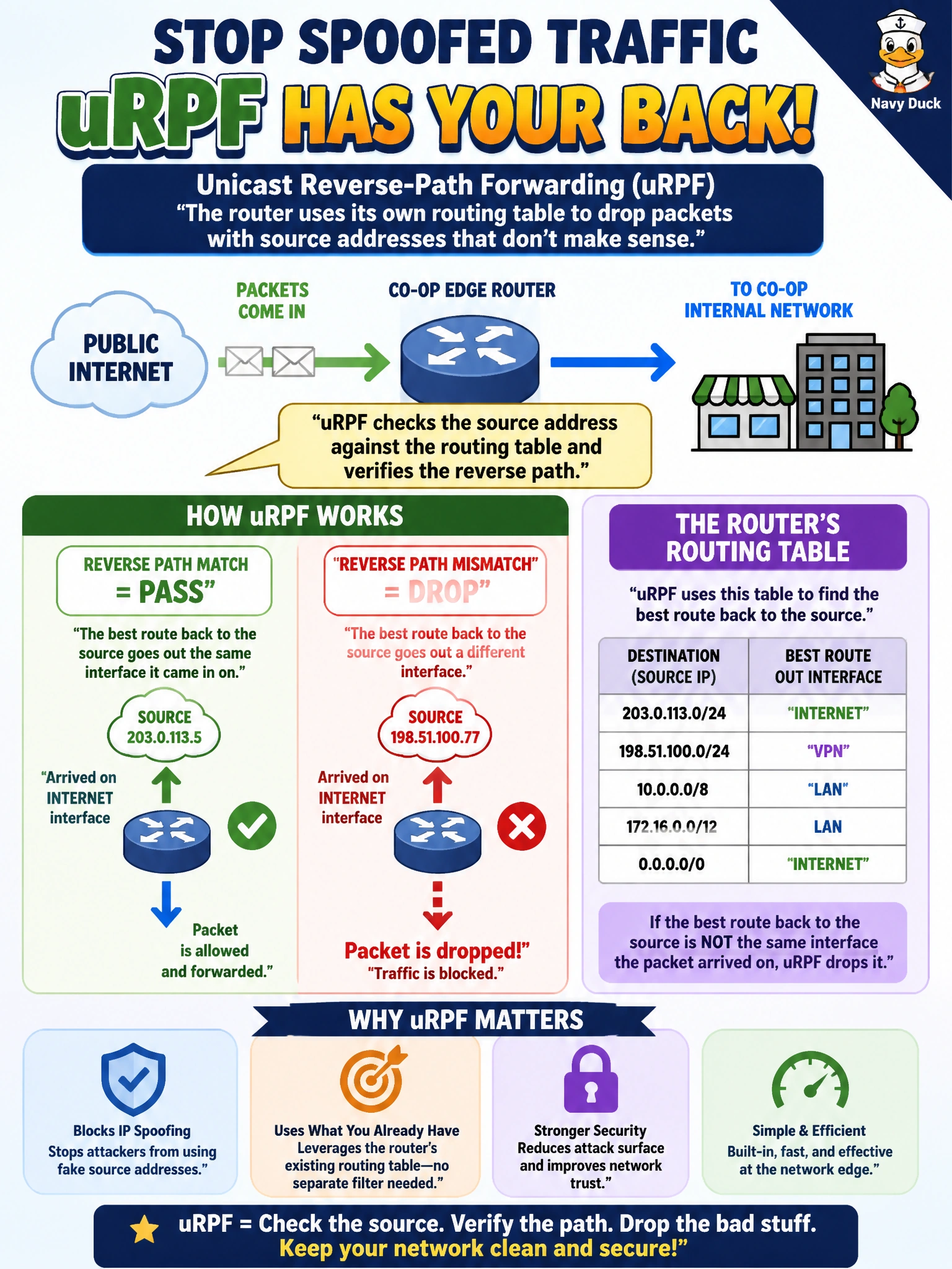 To Create an exciting colorful infographic that explains the concepts in the question: Question: A co-op's edge router faces the public internet, and the engineer wants it to drop any incoming packet whose source address doesn't have a matching route pointing back out the same interface it arrived on, catching spoofed traffic using the router's own routing table rather than a separately written filter. Which mechanism does this? Correct Answer: Unicast reverse-path forwarding (uRPF), which checks the source address against the routing table and drops packets that fail the reverse-path check Put EVERY visible label in double quotes. No people. No A/B/C/D letters. In one of the four corners put a little "Navy Duck".