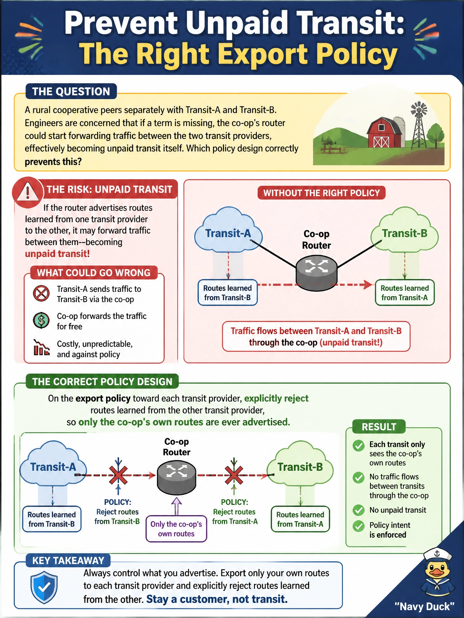 To Create an exciting colorful infographic that explains the concepts in the question: Question: A rural cooperative peers separately with Transit-A and Transit-B. Engineers are concerned that if a term is missing, the co-op's router could start forwarding traffic between the two transit providers, effectively becoming unpaid transit itself. Which policy design correctly prevents this? Correct Answer: On the export policy toward each transit provider, explicitly reject routes learned from the other transit provider, so only the co-op's own routes are ever advertised Put EVERY visible label in double quotes. No people. No A/B/C/D letters. In one of the four corners put a little "Navy Duck".