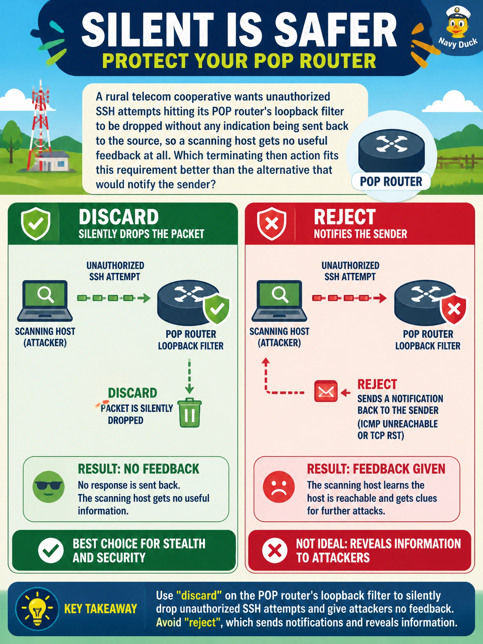 To Create an exciting colorful infographic that explains the concepts in the question: Question: A rural telecom cooperative wants unauthorized SSH attempts hitting its POP router's loopback filter to be dropped without any indication being sent back to the source, so a scanning host gets no useful feedback at all. Which terminating then action fits this requirement better than the alternative that would notify the sender? Correct Answer: discard, silently dropping the packet, rather than reject, which sends a notification such as an ICMP unreachable or TCP RST back to the sender Put EVERY visible label in double quotes. No people. No A/B/C/D letters. In one of the four corners put a little "Navy Duck".