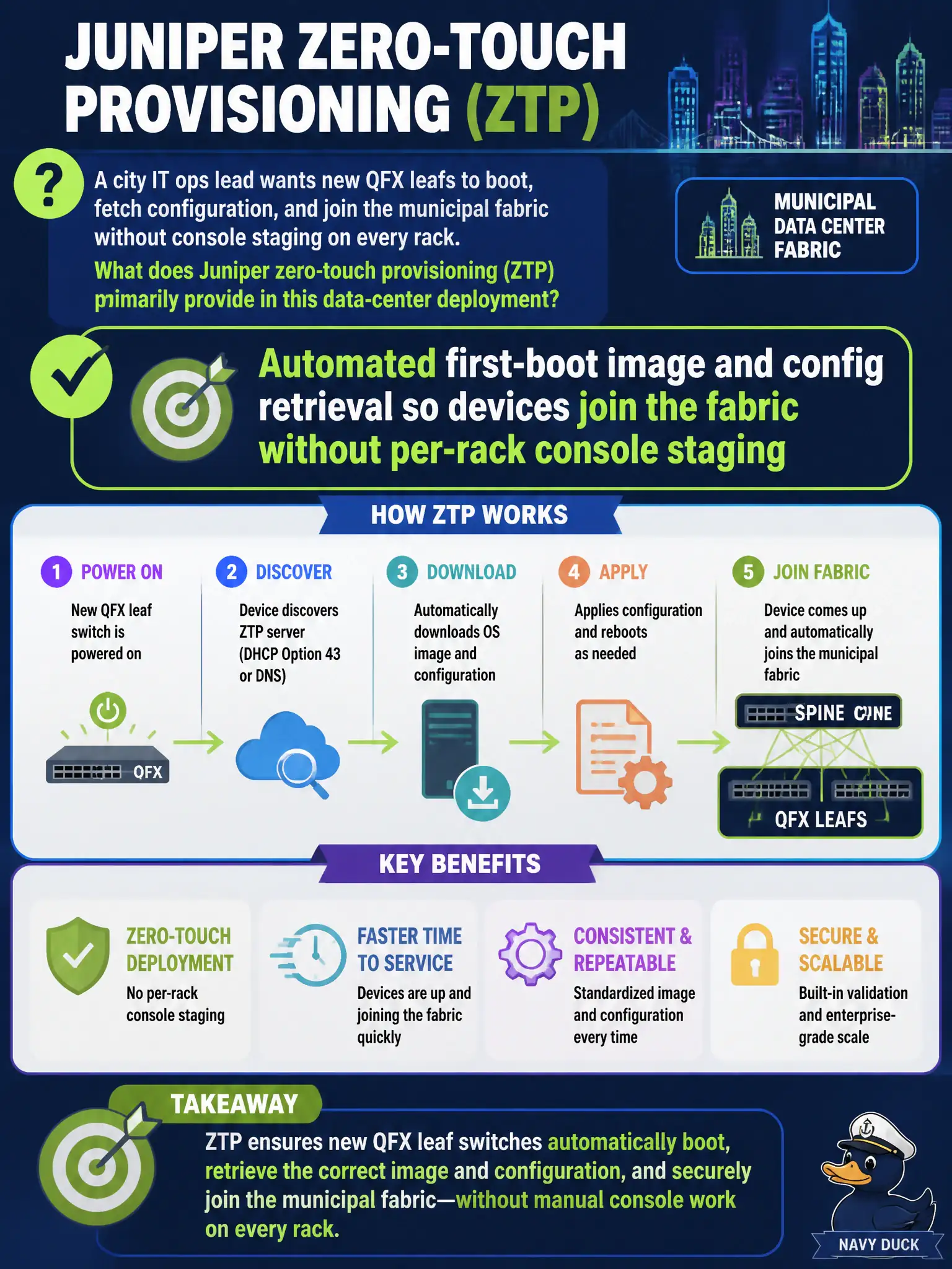 To Create an exciting colorful infographic that explains the concepts in the question: Question: A city IT ops lead wants new QFX leafs to boot, fetch configuration, and join the municipal fabric without console staging on every rack. What does Juniper zero-touch provisioning (ZTP) primarily provide in this data-center deployment? Correct Answer: Automated first-boot image and config retrieval so devices join the fabric without per-rack console staging Put EVERY visible label in double quotes. No people. No A/B/C/D letters. In one of the four corners put a little "Navy Duck".