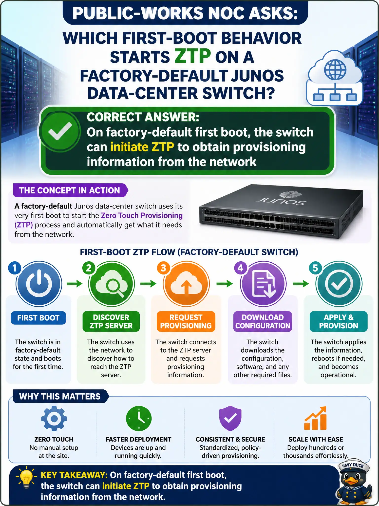 To Create an exciting colorful infographic that explains the concepts in the question: Question: Public-works NOC asks which first-boot behavior starts ZTP on a factory-default Junos data-center switch. Which concept is correct? Correct Answer: On factory-default first boot, the switch can initiate ZTP to obtain provisioning information from the network Put EVERY visible label in double quotes. No people. No A/B/C/D letters. In one of the four corners put a little "Navy Duck".
