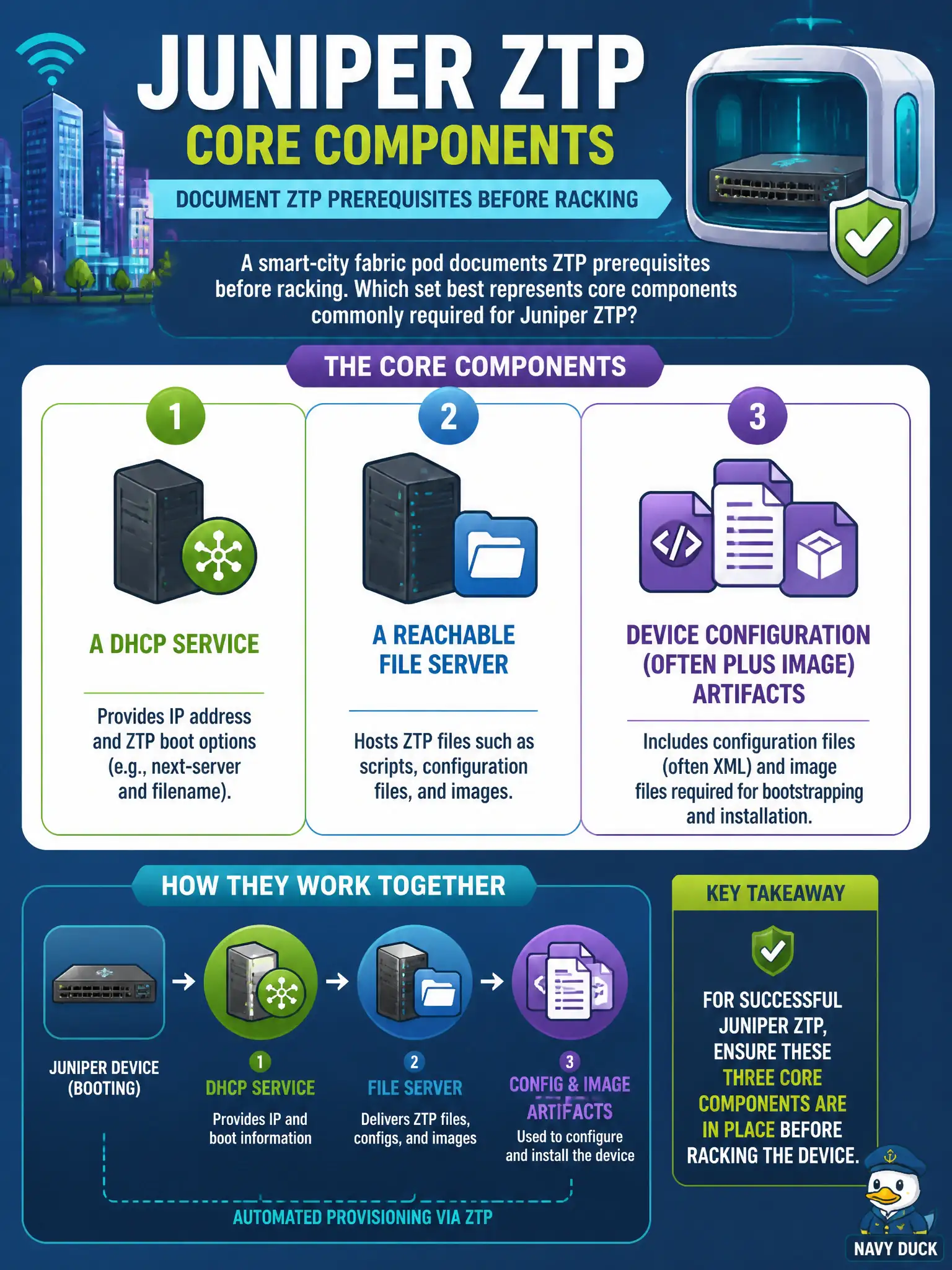 To Create an exciting colorful infographic that explains the concepts in the question: Question: A smart-city fabric pod documents ZTP prerequisites before racking. Which set best represents core components commonly required for Juniper ZTP? Correct Answer: A DHCP service, a reachable file server, and device configuration (often plus image) artifacts Put EVERY visible label in double quotes. No people. No A/B/C/D letters. In one of the four corners put a little "Navy Duck".