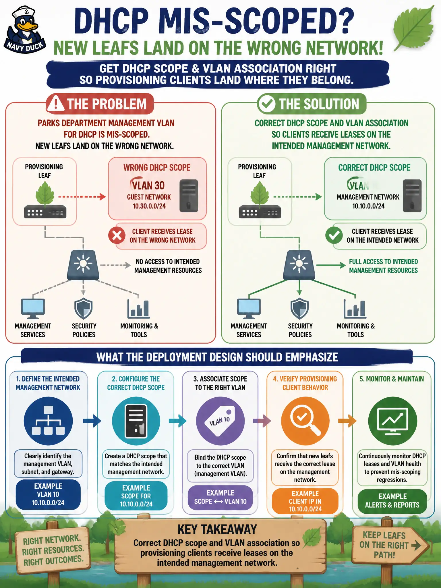 To Create an exciting colorful infographic that explains the concepts in the question: Question: A parks department management VLAN for DHCP is mis-scoped, and new leafs land on the wrong network. What should the deployment design emphasize? Correct Answer: Correct DHCP scope and VLAN association so provisioning clients receive leases on the intended management network Put EVERY visible label in double quotes. No people. No A/B/C/D letters. In one of the four corners put a little "Navy Duck".