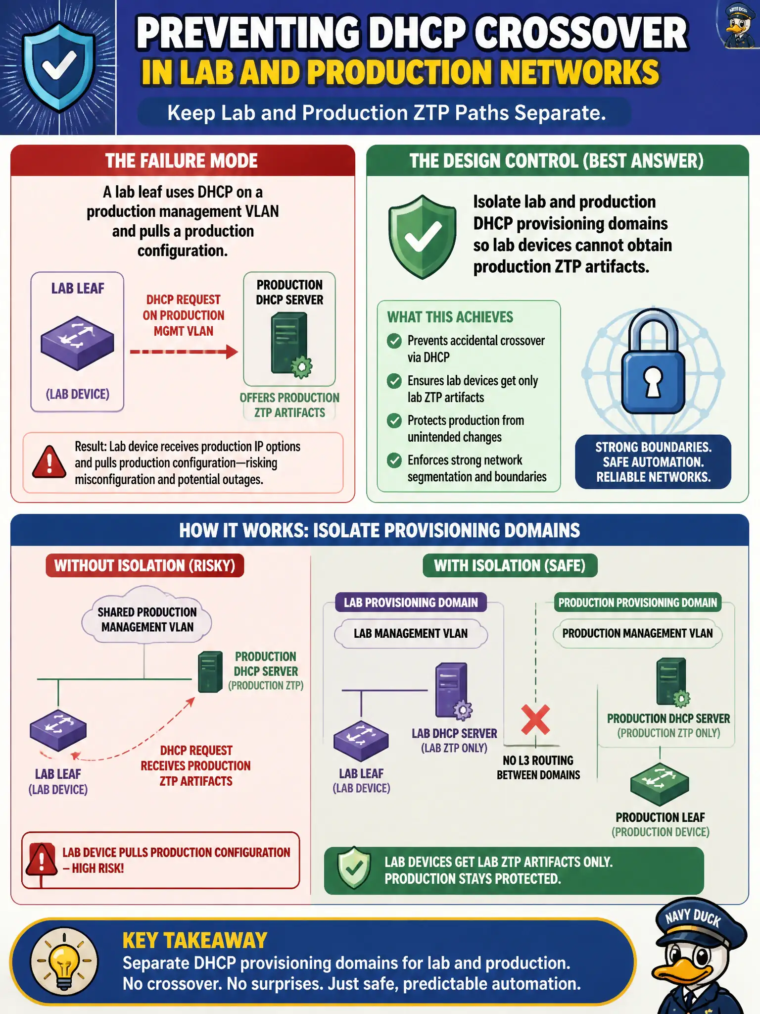 To Create an exciting colorful infographic that explains the concepts in the question: Question: A lab leaf uses DHCP on a production management VLAN and pulls a production configuration. What design control best prevents this failure mode? Correct Answer: Isolate lab and production DHCP provisioning domains so lab devices cannot obtain production ZTP artifacts Put EVERY visible label in double quotes. No people. No A/B/C/D letters. In one of the four corners put a little "Navy Duck".
