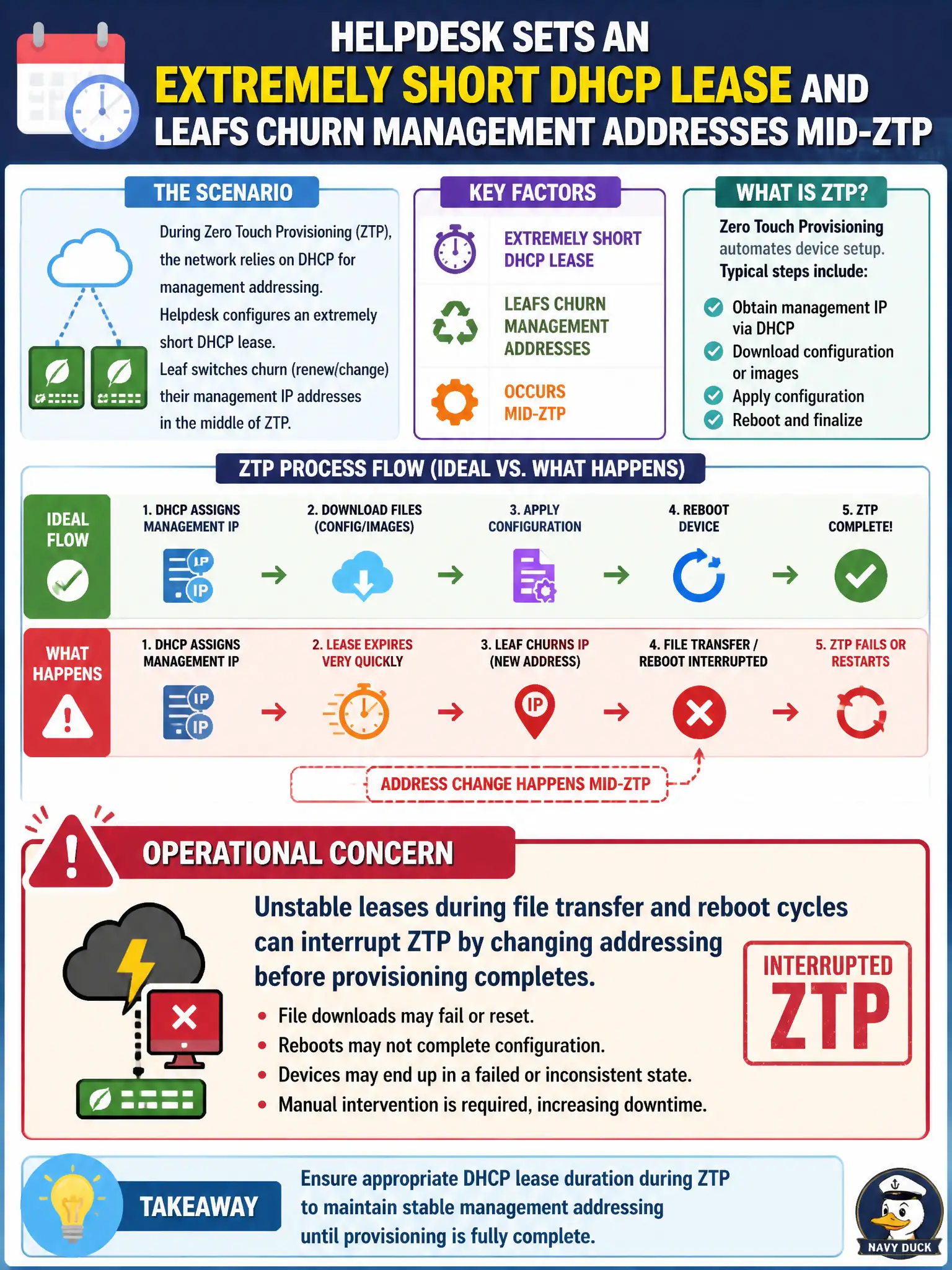 To Create an exciting colorful infographic that explains the concepts in the question: Question: Helpdesk sets an extremely short DHCP lease and leafs churn management addresses mid-ZTP. What is the operational concern? Correct Answer: Unstable leases during file transfer and reboot cycles can interrupt ZTP by changing addressing before provisioning completes Put EVERY visible label in double quotes. No people. No A/B/C/D letters. In one of the four corners put a little "Navy Duck".