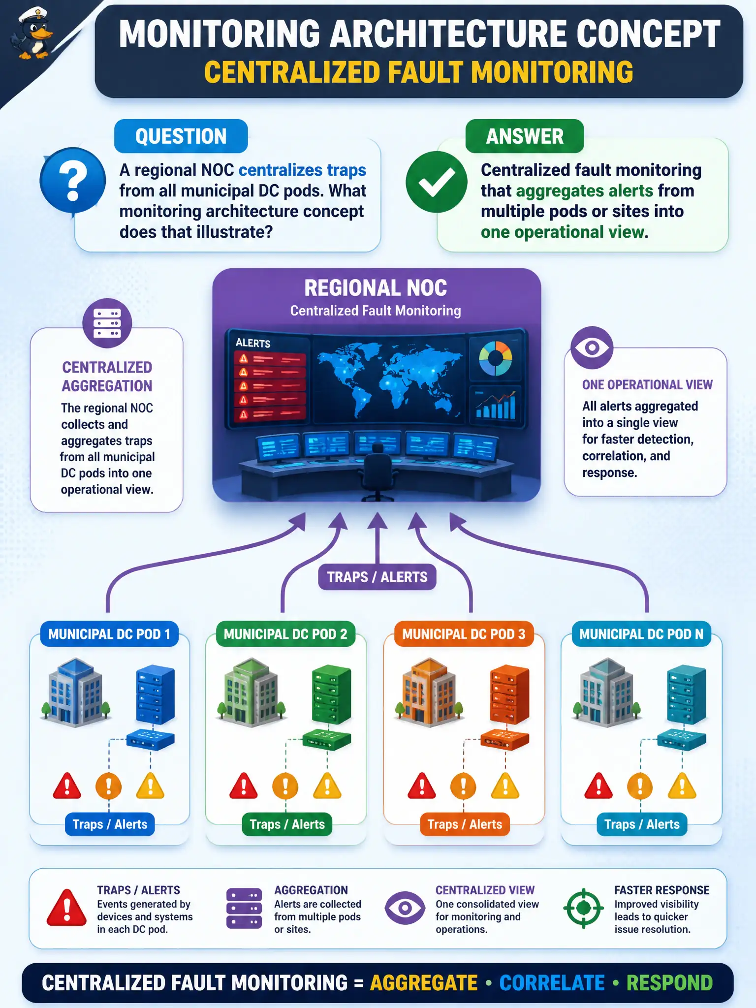 To Create an exciting colorful infographic that explains the concepts in the question: Question: A regional NOC centralizes traps from all municipal DC pods. What monitoring architecture concept does that illustrate? Correct Answer: Centralized fault monitoring that aggregates alerts from multiple pods or sites into one operational view. Put EVERY visible label in double quotes. No people. No A/B/C/D letters. In one of the four corners put a little "Navy Duck".