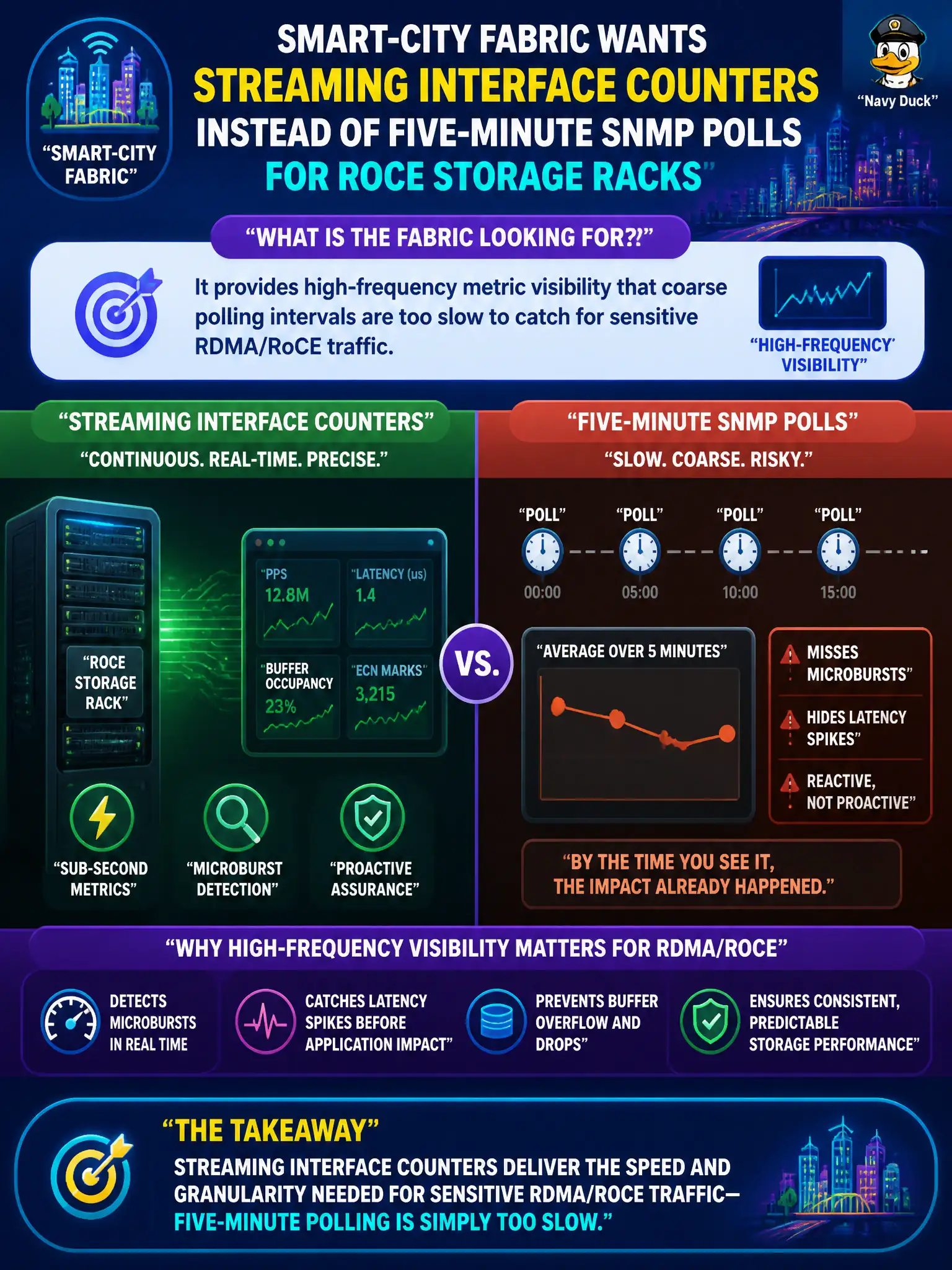 To Create an exciting colorful infographic that explains the concepts in the question: Question: A smart-city fabric wants streaming interface counters instead of five-minute SNMP polls for RoCE storage racks. What purpose does that telemetry choice serve? Correct Answer: It provides high-frequency metric visibility that coarse polling intervals are too slow to catch for sensitive RDMA/RoCE traffic. Put EVERY visible label in double quotes. No people. No A/B/C/D letters. In one of the four corners put a little "Navy Duck".
