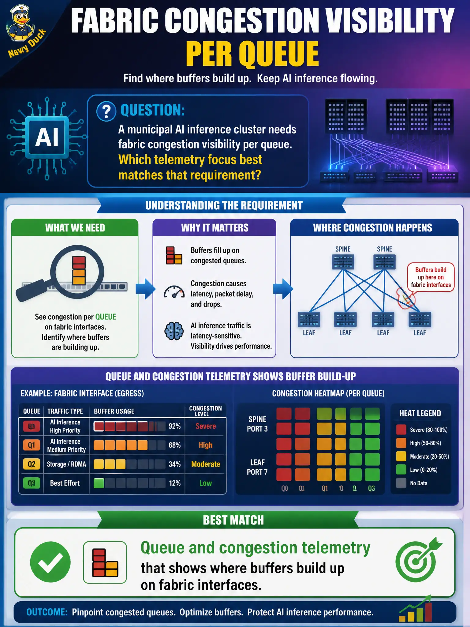 To Create an exciting colorful infographic that explains the concepts in the question: Question: A municipal AI inference cluster needs fabric congestion visibility per queue. Which telemetry focus best matches that requirement? Correct Answer: Queue and congestion telemetry that shows where buffers build up on fabric interfaces. Put EVERY visible label in double quotes. No people. No A/B/C/D letters. In one of the four corners put a little "Navy Duck".