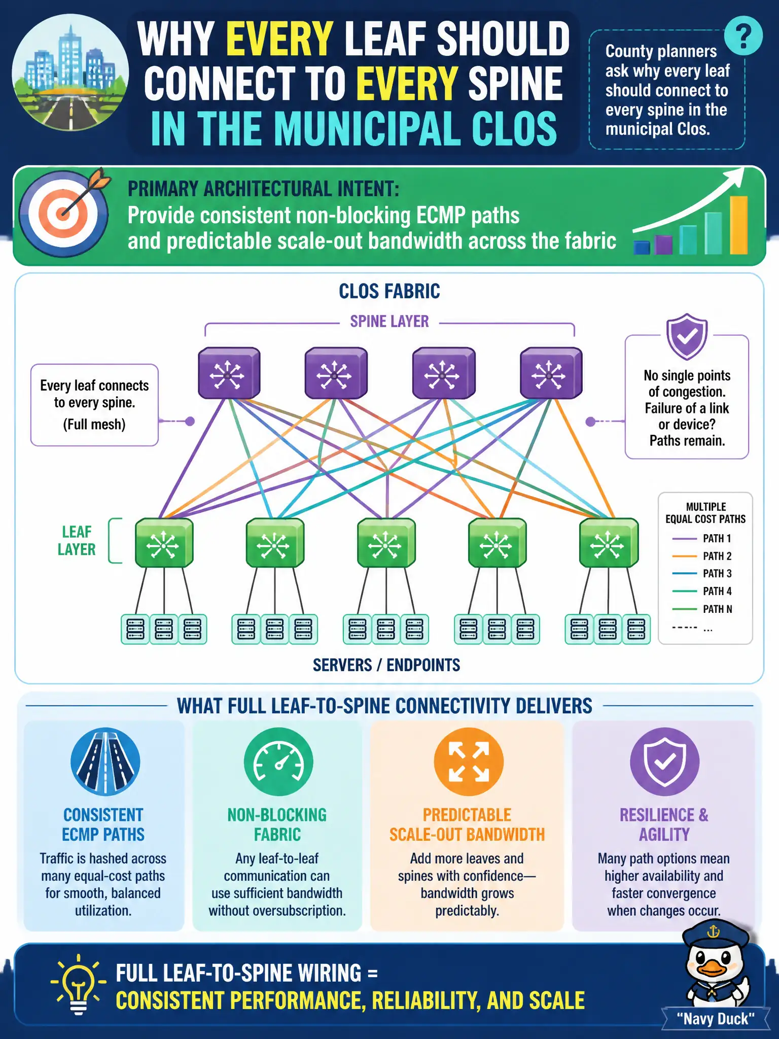 To Create an exciting colorful infographic that explains the concepts in the question: Question: County planners ask why every leaf should connect to every spine in the municipal Clos. What is the primary architectural intent of that full leaf-to-spine wiring? Correct Answer: Provide consistent non-blocking ECMP paths and predictable scale-out bandwidth across the fabric Put EVERY visible label in double quotes. No people. No A/B/C/D letters. In one of the four corners put a little "Navy Duck".