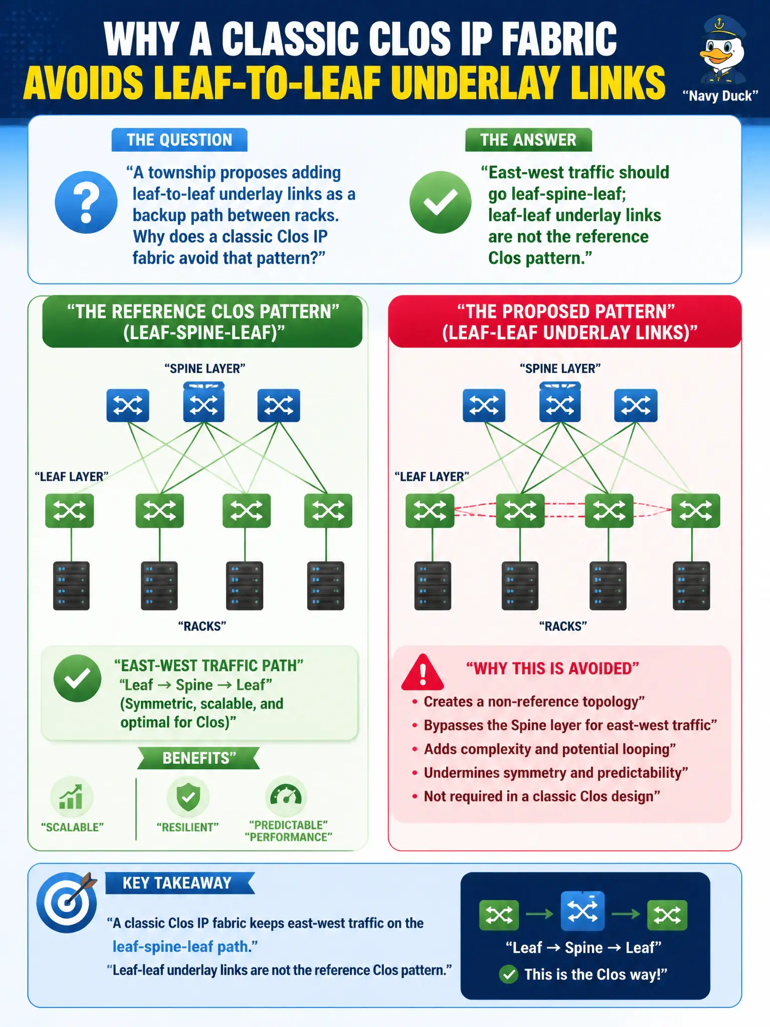 To Create an exciting colorful infographic that explains the concepts in the question: Question: A township proposes adding leaf-to-leaf underlay links as a backup path between racks. Why does a classic Clos IP fabric avoid that pattern? Correct Answer: East-west traffic should go leaf-spine-leaf; leaf-leaf underlay links are not the reference Clos pattern Put EVERY visible label in double quotes. No people. No A/B/C/D letters. In one of the four corners put a little "Navy Duck".