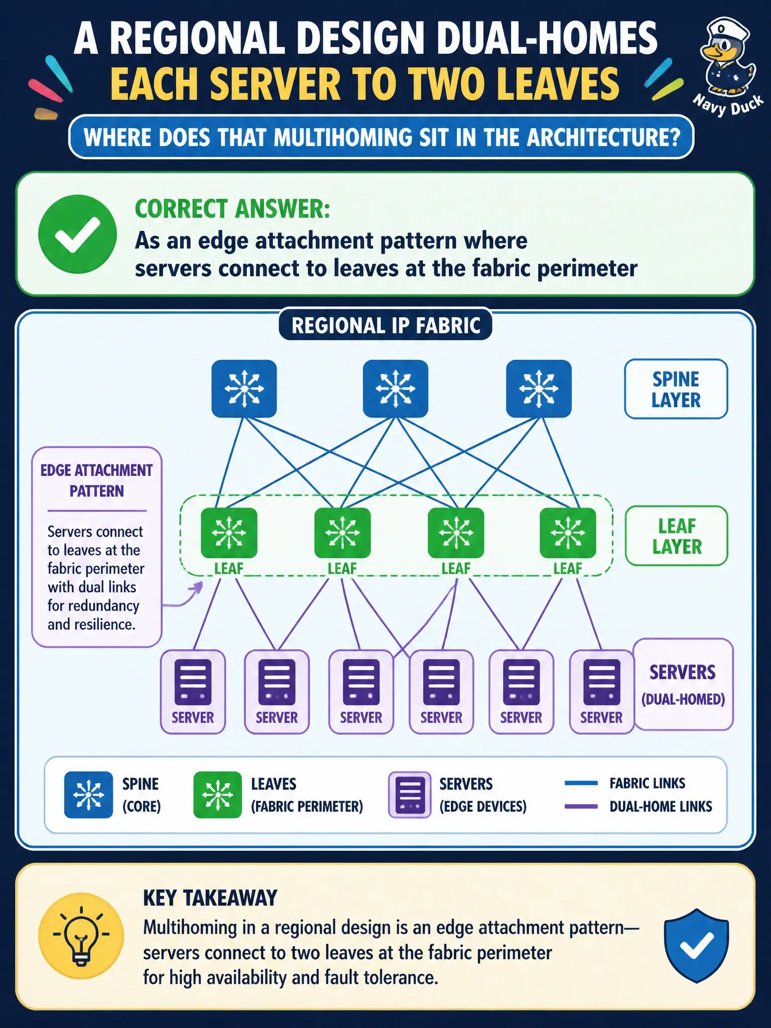 To Create an exciting colorful infographic that explains the concepts in the question: Question: A regional design dual-homes each server to two leaves on the IP fabric. Where does that multihoming sit in the architecture? Correct Answer: As an edge attachment pattern where servers connect to leaves at the fabric perimeter Put EVERY visible label in double quotes. No people. No A/B/C/D letters. In one of the four corners put a little "Navy Duck".