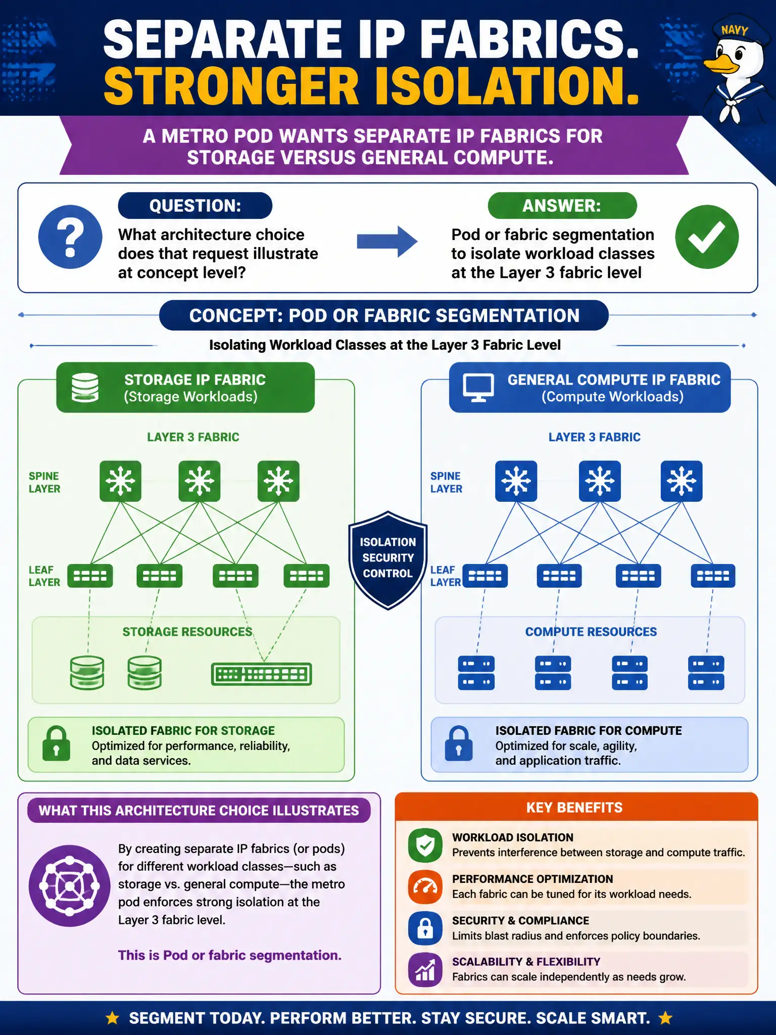 To Create an exciting colorful infographic that explains the concepts in the question: Question: A metro pod wants separate IP fabrics for storage versus general compute. What architecture choice does that request illustrate at concept level? Correct Answer: Pod or fabric segmentation to isolate workload classes at the Layer 3 fabric level Put EVERY visible label in double quotes. No people. No A/B/C/D letters. In one of the four corners put a little "Navy Duck".