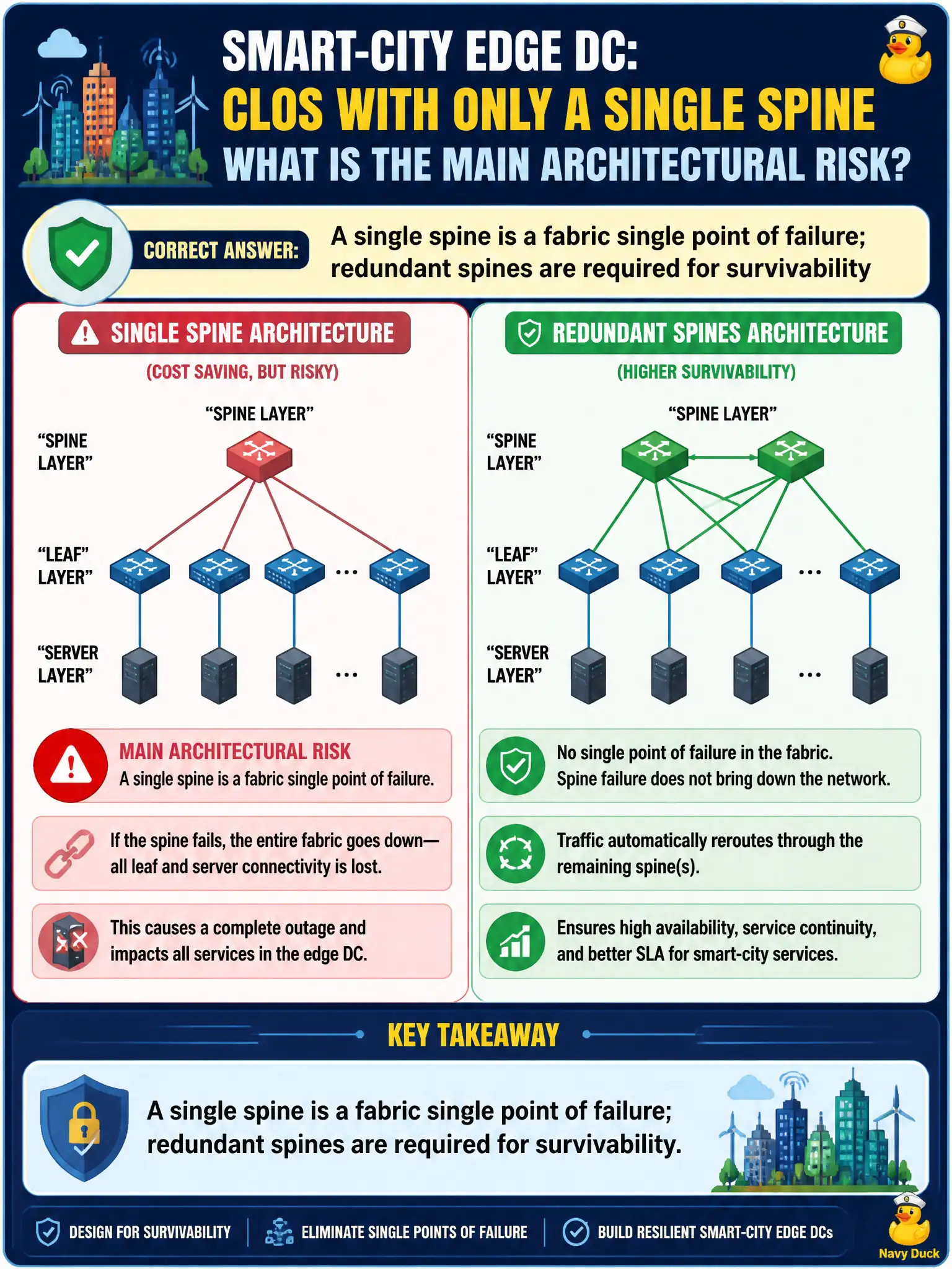 To Create an exciting colorful infographic that explains the concepts in the question: Question: A smart-city edge DC proposes running the Clos with only a single spine to save cost. What is the main architectural risk? Correct Answer: A single spine is a fabric single point of failure; redundant spines are required for survivability Put EVERY visible label in double quotes. No people. No A/B/C/D letters. In one of the four corners put a little "Navy Duck".
