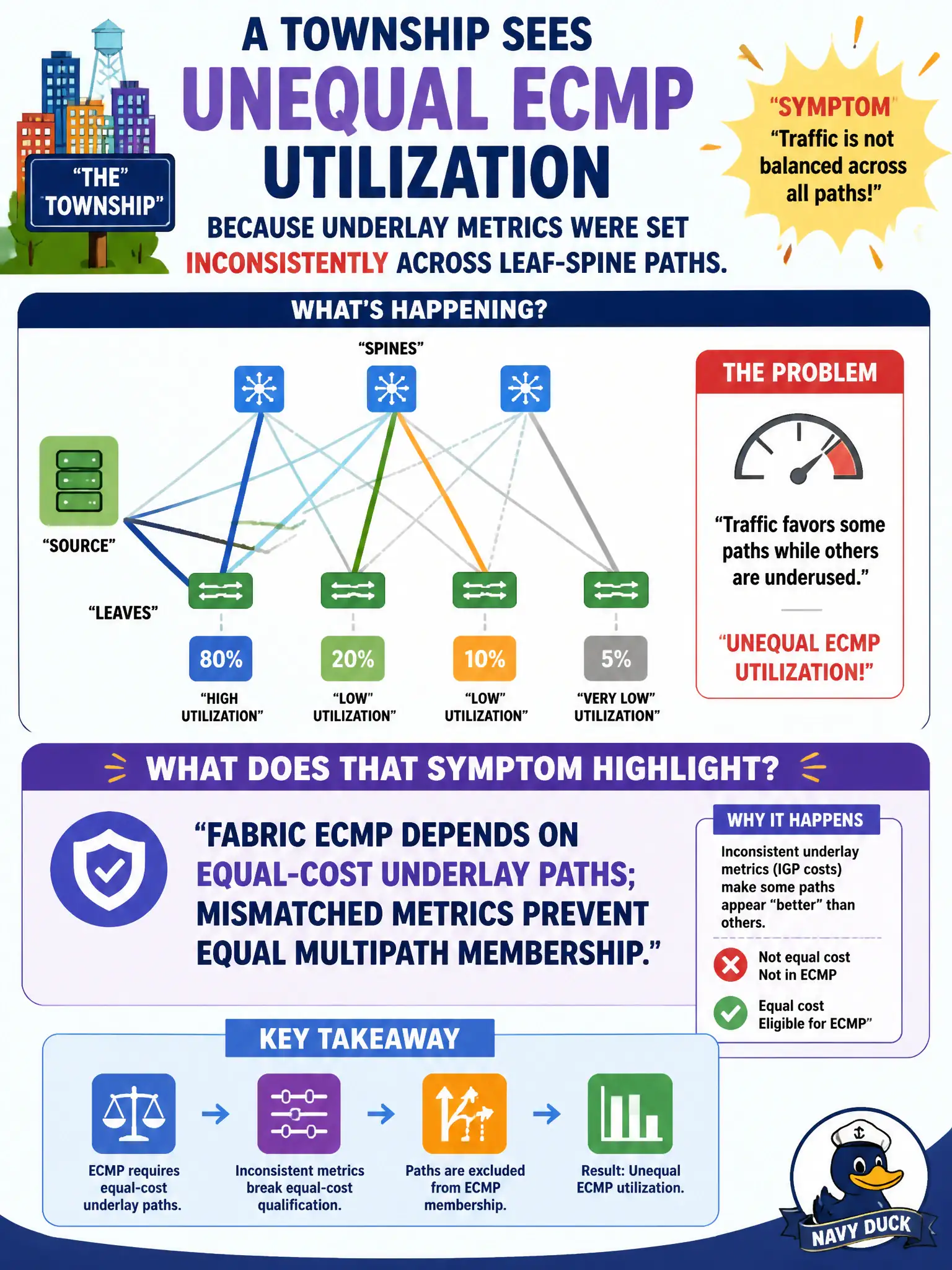 To Create an exciting colorful infographic that explains the concepts in the question: Question: A township sees unequal ECMP utilization because underlay metrics were set inconsistently across leaf-spine paths. What does that symptom highlight? Correct Answer: Fabric ECMP depends on equal-cost underlay paths; mismatched metrics prevent equal multipath membership Put EVERY visible label in double quotes. No people. No A/B/C/D letters. In one of the four corners put a little "Navy Duck".