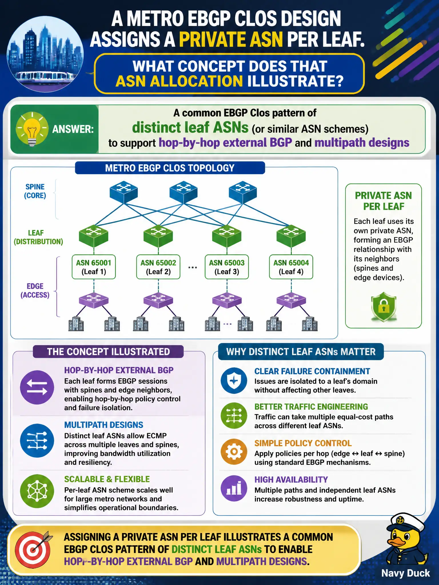 To Create an exciting colorful infographic that explains the concepts in the question: Question: A metro EBGP Clos design assigns a private ASN per leaf. What concept does that ASN allocation illustrate? Correct Answer: A common EBGP Clos pattern of distinct leaf ASNs (or similar ASN schemes) to support hop-by-hop external BGP and multipath designs Put EVERY visible label in double quotes. No people. No A/B/C/D letters. In one of the four corners put a little "Navy Duck".