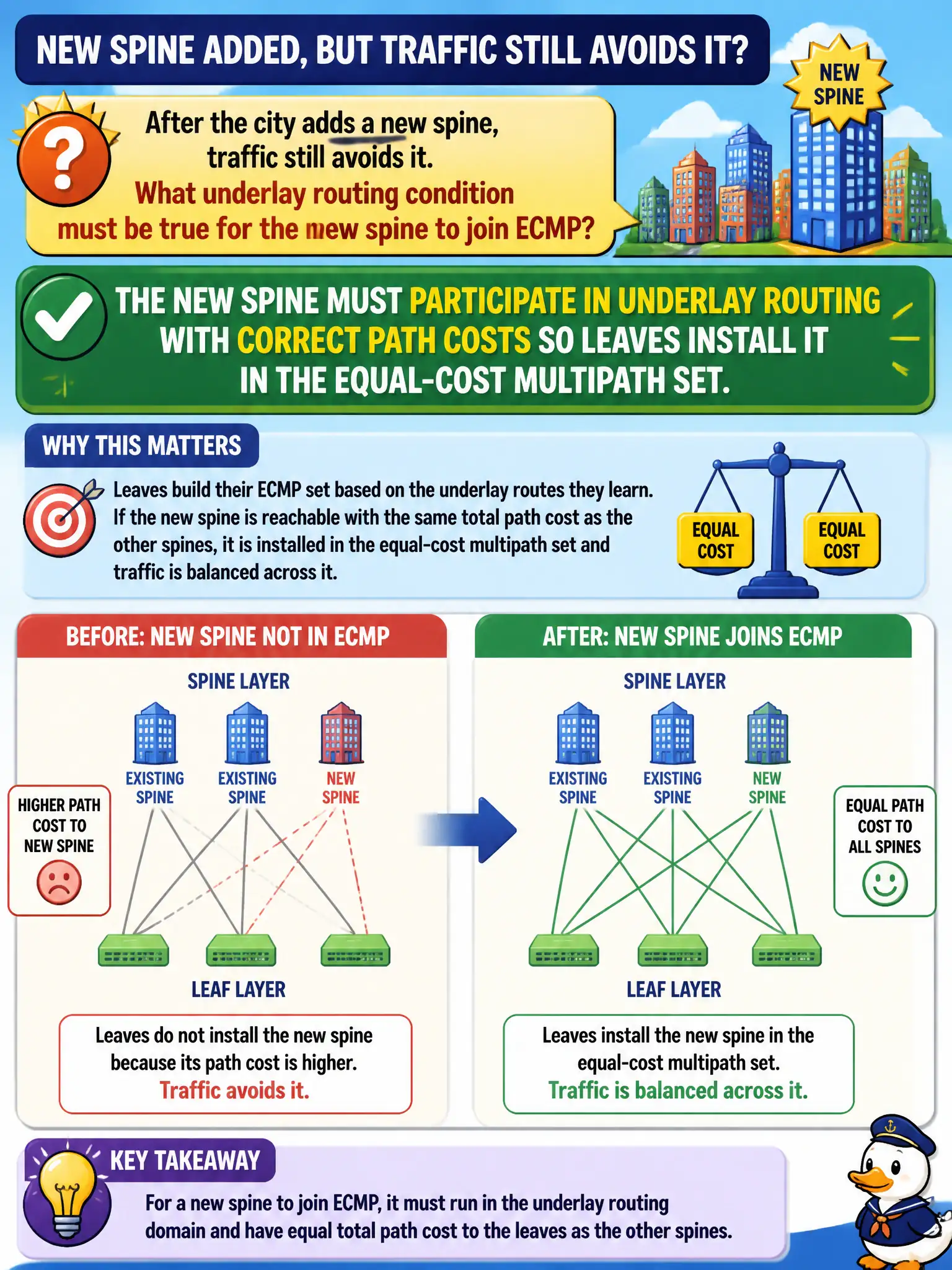 To Create an exciting colorful infographic that explains the concepts in the question: Question: After the city adds a new spine, traffic still avoids it. What underlay routing condition must be true for the new spine to join ECMP? Correct Answer: The new spine must participate in underlay routing with correct path costs so leaves install it in the equal-cost multipath set Put EVERY visible label in double quotes. No people. No A/B/C/D letters. In one of the four corners put a little "Navy Duck".