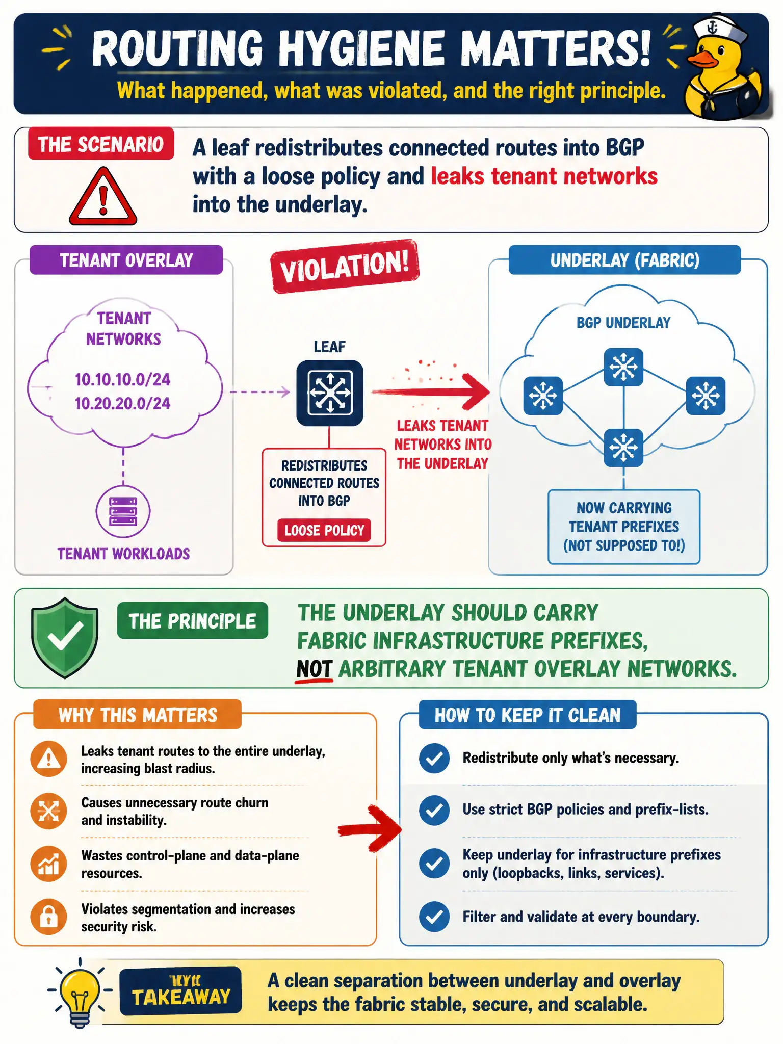 To Create an exciting colorful infographic that explains the concepts in the question: Question: A leaf redistributes connected routes into BGP with a loose policy and leaks tenant networks into the underlay. What routing-hygiene principle did the fabric violate? Correct Answer: The underlay should carry fabric infrastructure prefixes, not arbitrary tenant overlay networks Put EVERY visible label in double quotes. No people. No A/B/C/D letters. In one of the four corners put a little "Navy Duck".