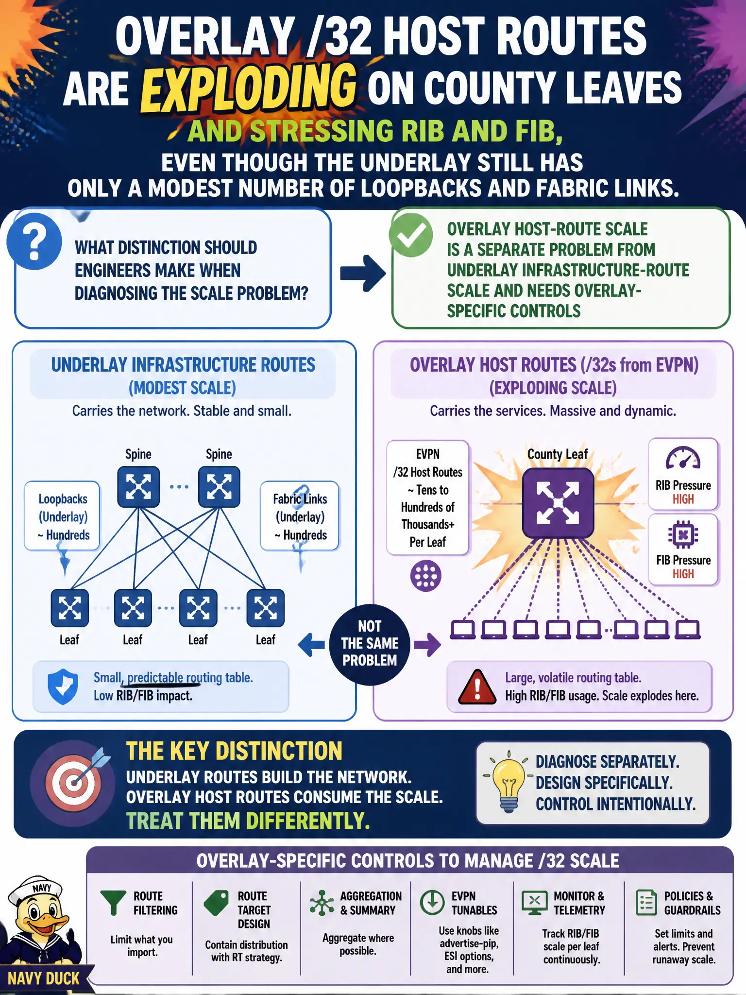 To Create an exciting colorful infographic that explains the concepts in the question: Question: Overlay /32 host routes from EVPN are exploding on county leaves and stressing RIB and FIB, even though the underlay still has only a modest number of loopbacks and fabric links. What distinction should engineers make when diagnosing the scale problem? Correct Answer: Overlay host-route scale is a separate problem from underlay infrastructure-route scale and needs overlay-specific controls Put EVERY visible label in double quotes. No people. No A/B/C/D letters. In one of the four corners put a little "Navy Duck".