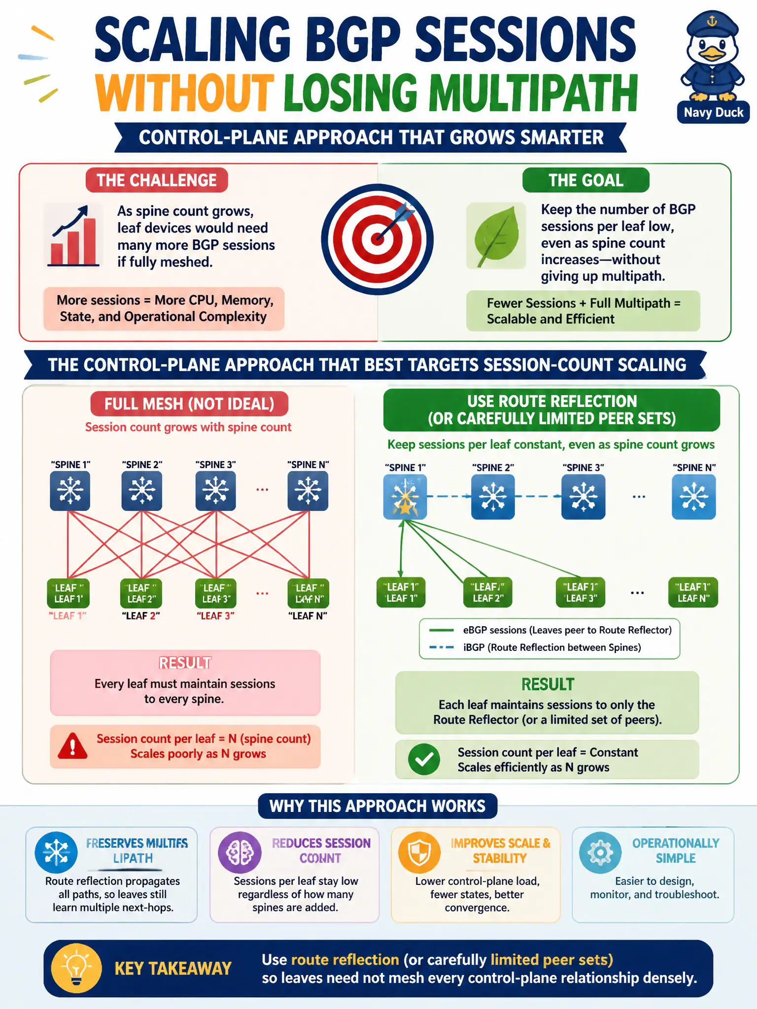 To Create an exciting colorful infographic that explains the concepts in the question: Question: County architects want each leaf to maintain fewer BGP sessions as spine count grows, without abandoning multipath. Which control-plane approach best targets session-count scaling? Correct Answer: Use route reflection (or carefully limited peer sets) so leaves need not mesh every control-plane relationship densely Put EVERY visible label in double quotes. No people. No A/B/C/D letters. In one of the four corners put a little "Navy Duck".