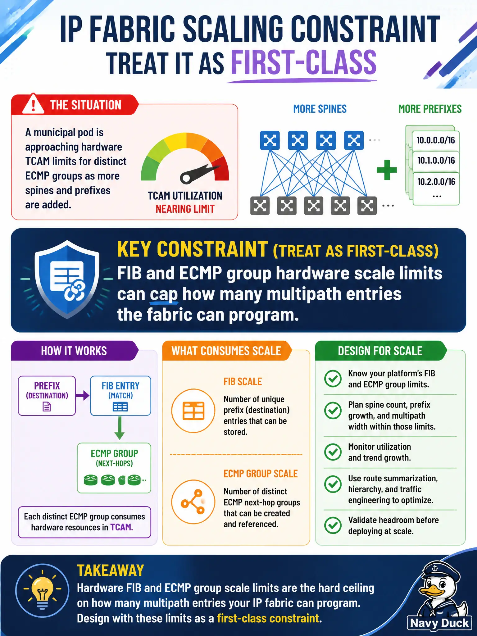 To Create an exciting colorful infographic that explains the concepts in the question: Question: A municipal pod is approaching hardware TCAM limits for distinct ECMP groups as more spines and prefixes are added. What IP fabric scaling constraint should the team treat as first-class in the design? Correct Answer: FIB and ECMP group hardware scale limits can cap how many multipath entries the fabric can program Put EVERY visible label in double quotes. No people. No A/B/C/D letters. In one of the four corners put a little "Navy Duck".
