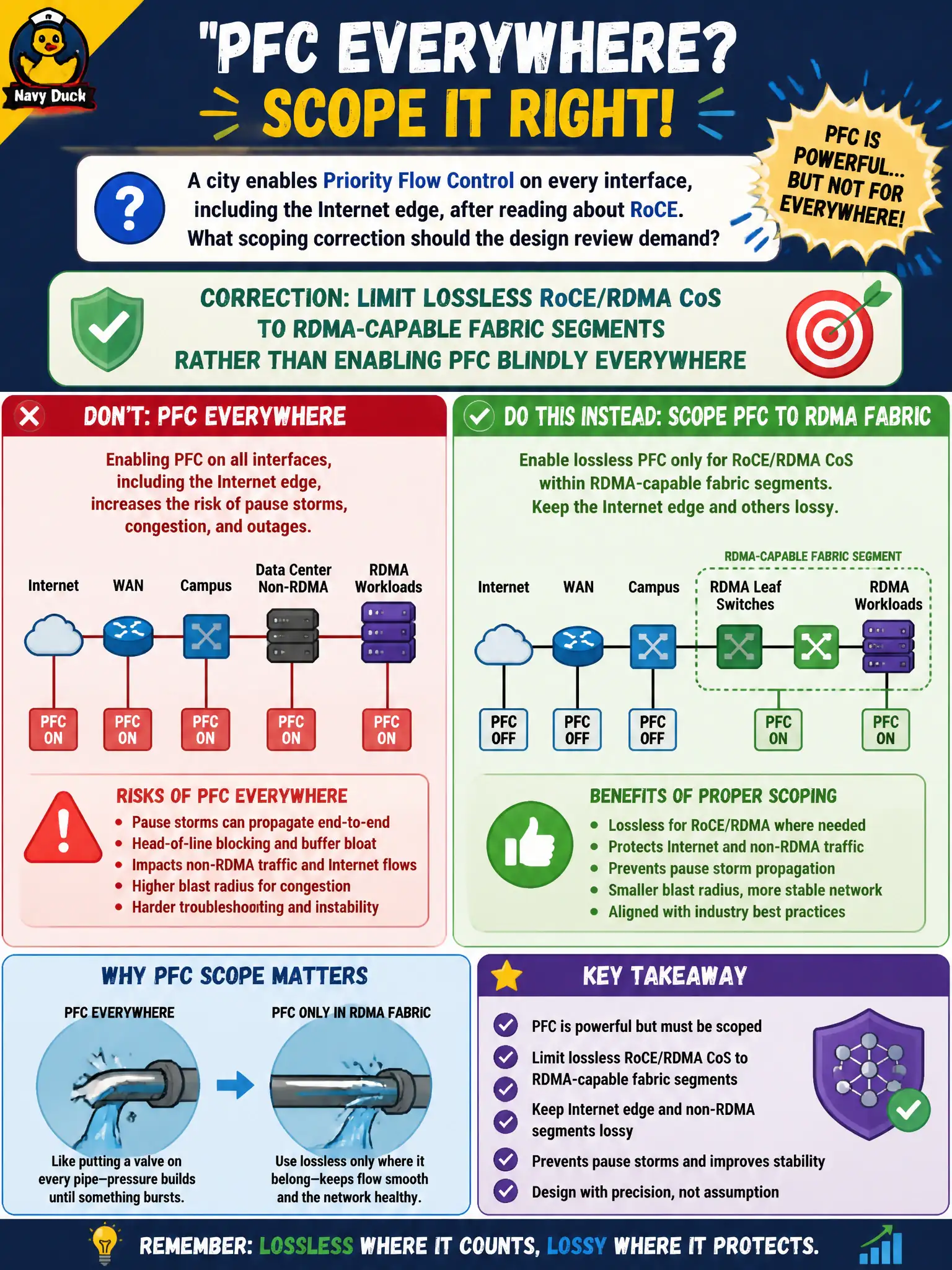 To Create an exciting colorful infographic that explains the concepts in the question: Question: A city enables Priority Flow Control on every interface, including the Internet edge, after reading about RoCE. What scoping correction should the design review demand? Correct Answer: Limit lossless RoCE/RDMA CoS to RDMA-capable fabric segments rather than enabling PFC blindly everywhere Put EVERY visible label in double quotes. No people. No A/B/C/D letters. In one of the four corners put a little "Navy Duck".