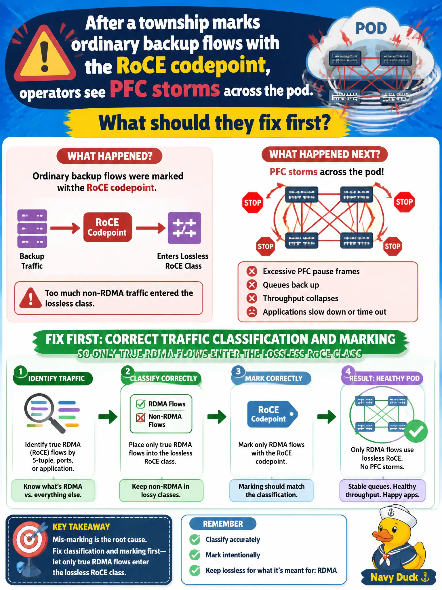 To Create an exciting colorful infographic that explains the concepts in the question: Question: After a township marks ordinary backup flows with the RoCE codepoint, operators see PFC storms across the pod. What should they fix first? Correct Answer: Correct traffic classification and marking so only true RDMA flows enter the lossless RoCE class Put EVERY visible label in double quotes. No people. No A/B/C/D letters. In one of the four corners put a little "Navy Duck".