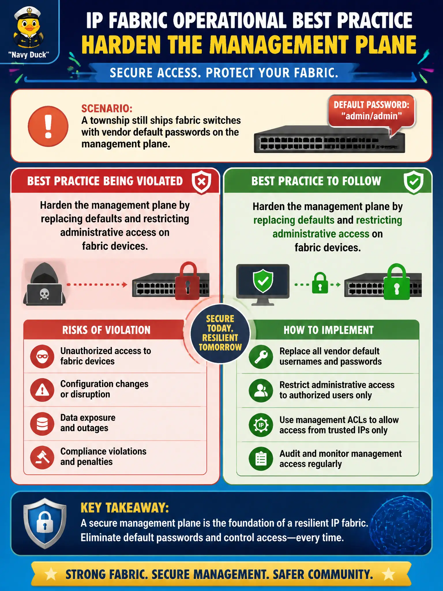 To Create an exciting colorful infographic that explains the concepts in the question: Question: A township still ships fabric switches with vendor default passwords on the management plane. Which IP fabric operational best practice is being violated? Correct Answer: Harden the management plane by replacing defaults and restricting administrative access on fabric devices Put EVERY visible label in double quotes. No people. No A/B/C/D letters. In one of the four corners put a little "Navy Duck".