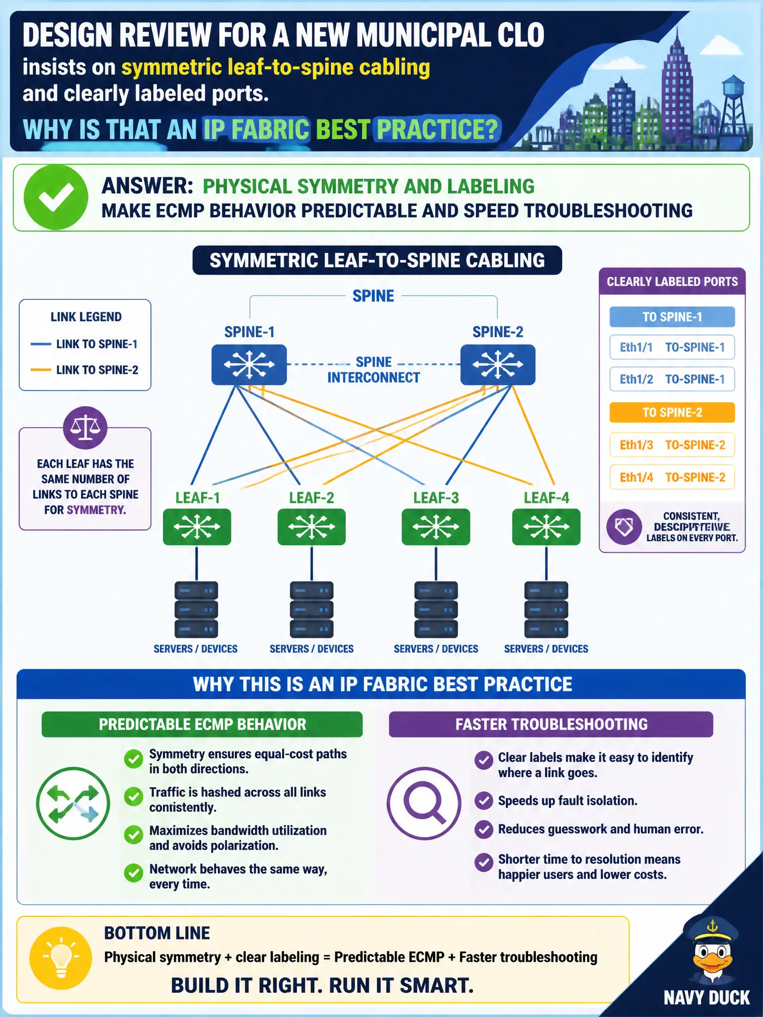 To Create an exciting colorful infographic that explains the concepts in the question: Question: Design review for a new municipal Clos insists on symmetric leaf-to-spine cabling and clearly labeled ports. Why is that an IP fabric best practice? Correct Answer: Physical symmetry and labeling make ECMP behavior predictable and speed troubleshooting Put EVERY visible label in double quotes. No people. No A/B/C/D letters. In one of the four corners put a little "Navy Duck".