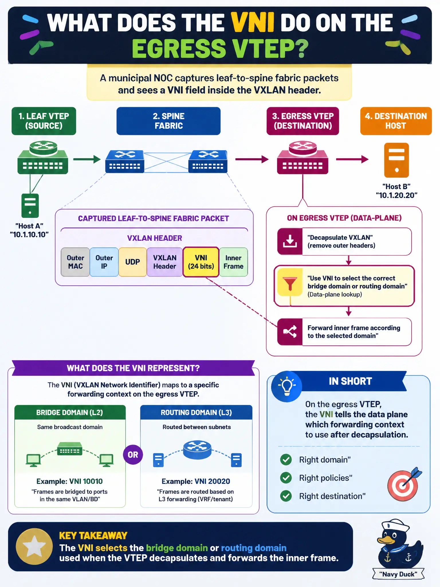 To Create an exciting colorful infographic that explains the concepts in the question: Question: A municipal NOC captures leaf-to-spine fabric packets and sees a VNI field inside the VXLAN header. What data-plane role does that VNI play on the egress VTEP? Correct Answer: It selects the bridge domain or routing domain used when the VTEP decapsulates and forwards the inner frame Put EVERY visible label in double quotes. No people. No A/B/C/D letters. In one of the four corners put a little "Navy Duck".