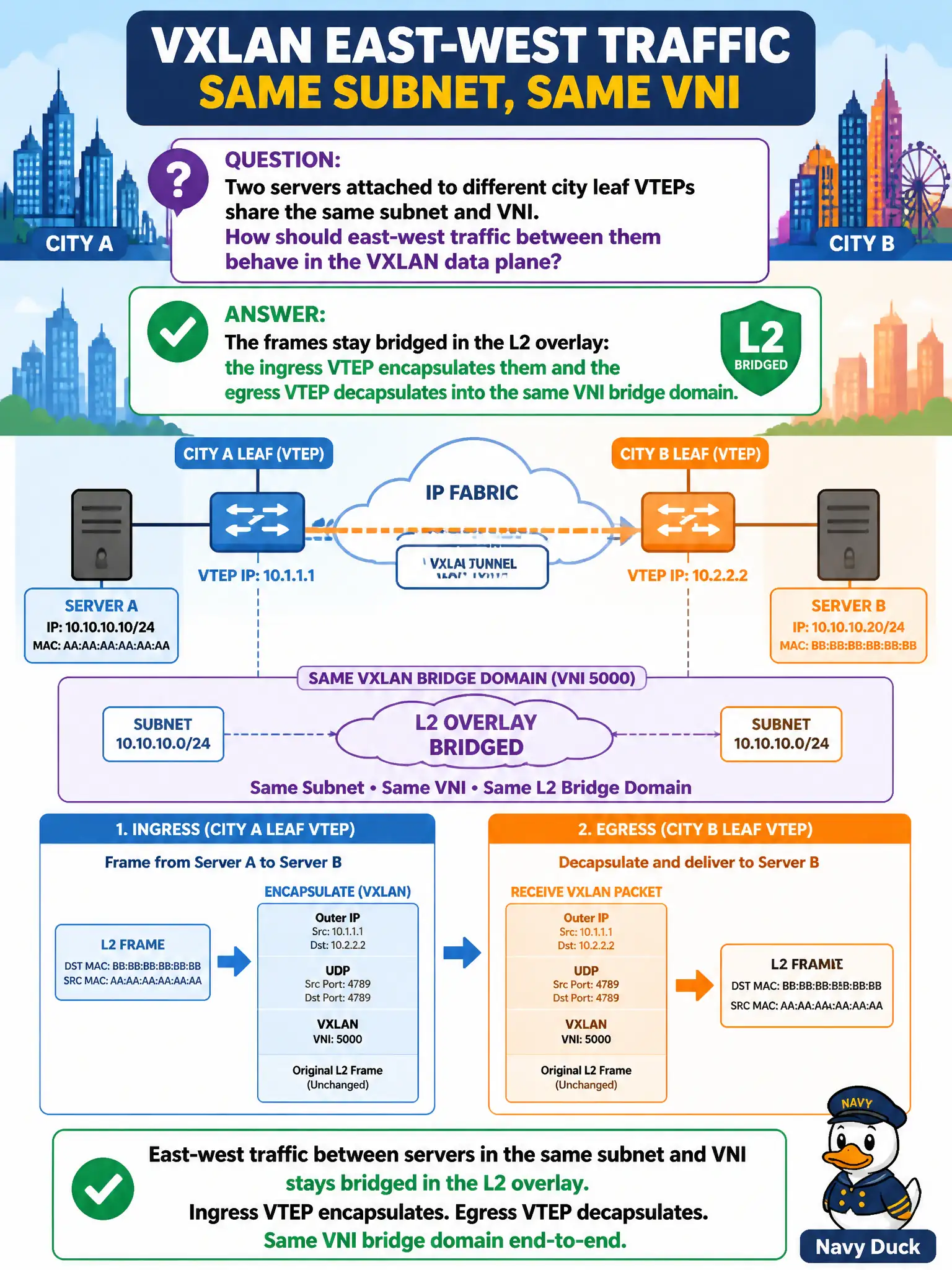 To Create an exciting colorful infographic that explains the concepts in the question: Question: Two servers attached to different city leaf VTEPs share the same subnet and VNI. How should east-west traffic between them behave in the VXLAN data plane? Correct Answer: The frames stay bridged in the L2 overlay: the ingress VTEP encapsulates them and the egress VTEP decapsulates into the same VNI bridge domain Put EVERY visible label in double quotes. No people. No A/B/C/D letters. In one of the four corners put a little "Navy Duck".