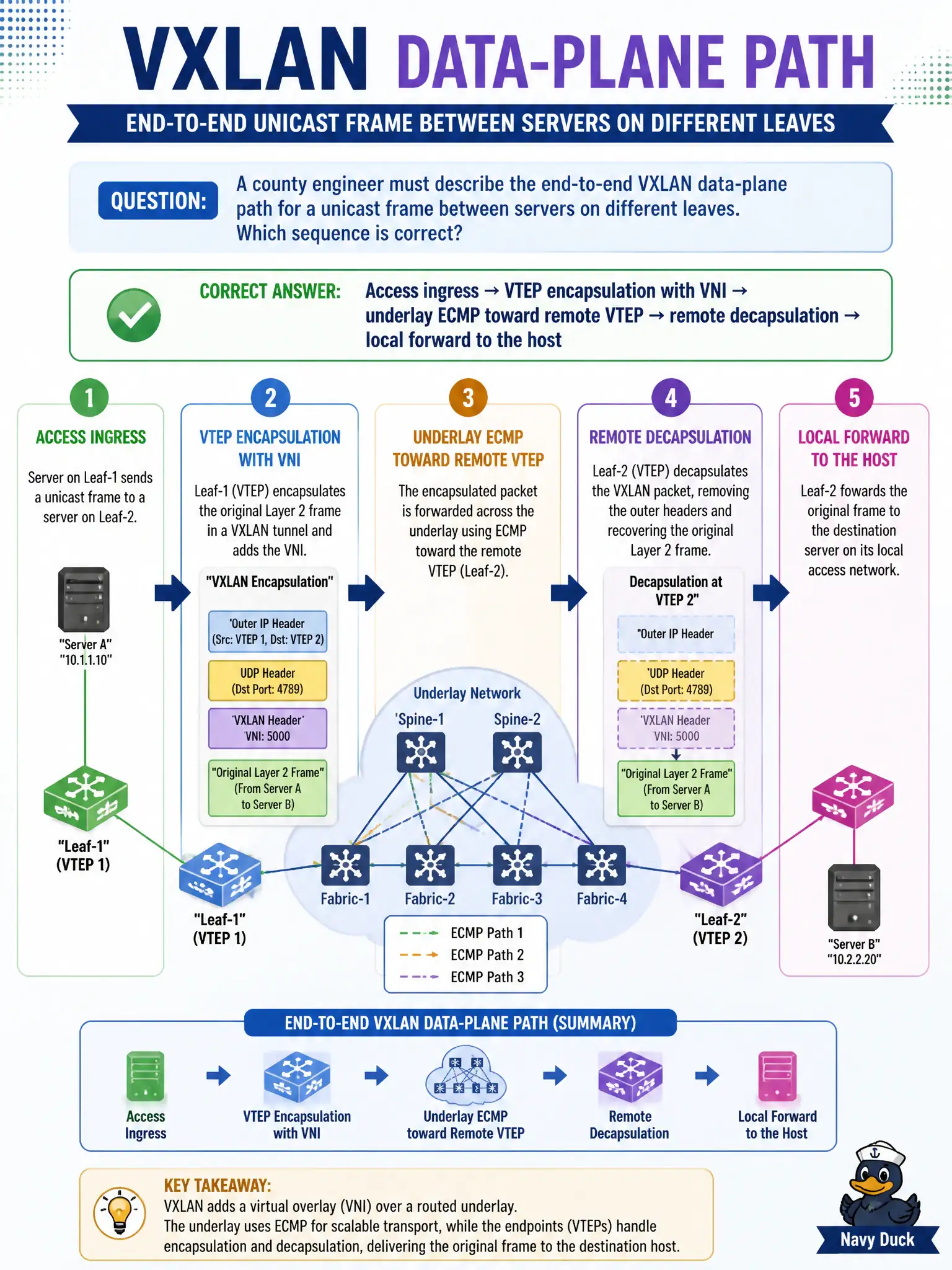To Create an exciting colorful infographic that explains the concepts in the question: Question: A county engineer must describe the end-to-end VXLAN data-plane path for a unicast frame between servers on different leaves. Which sequence is correct? Correct Answer: Access ingress → VTEP encapsulation with VNI → underlay ECMP toward remote VTEP → remote decapsulation → local forward to the host Put EVERY visible label in double quotes. No people. No A/B/C/D letters. In one of the four corners put a little "Navy Duck".