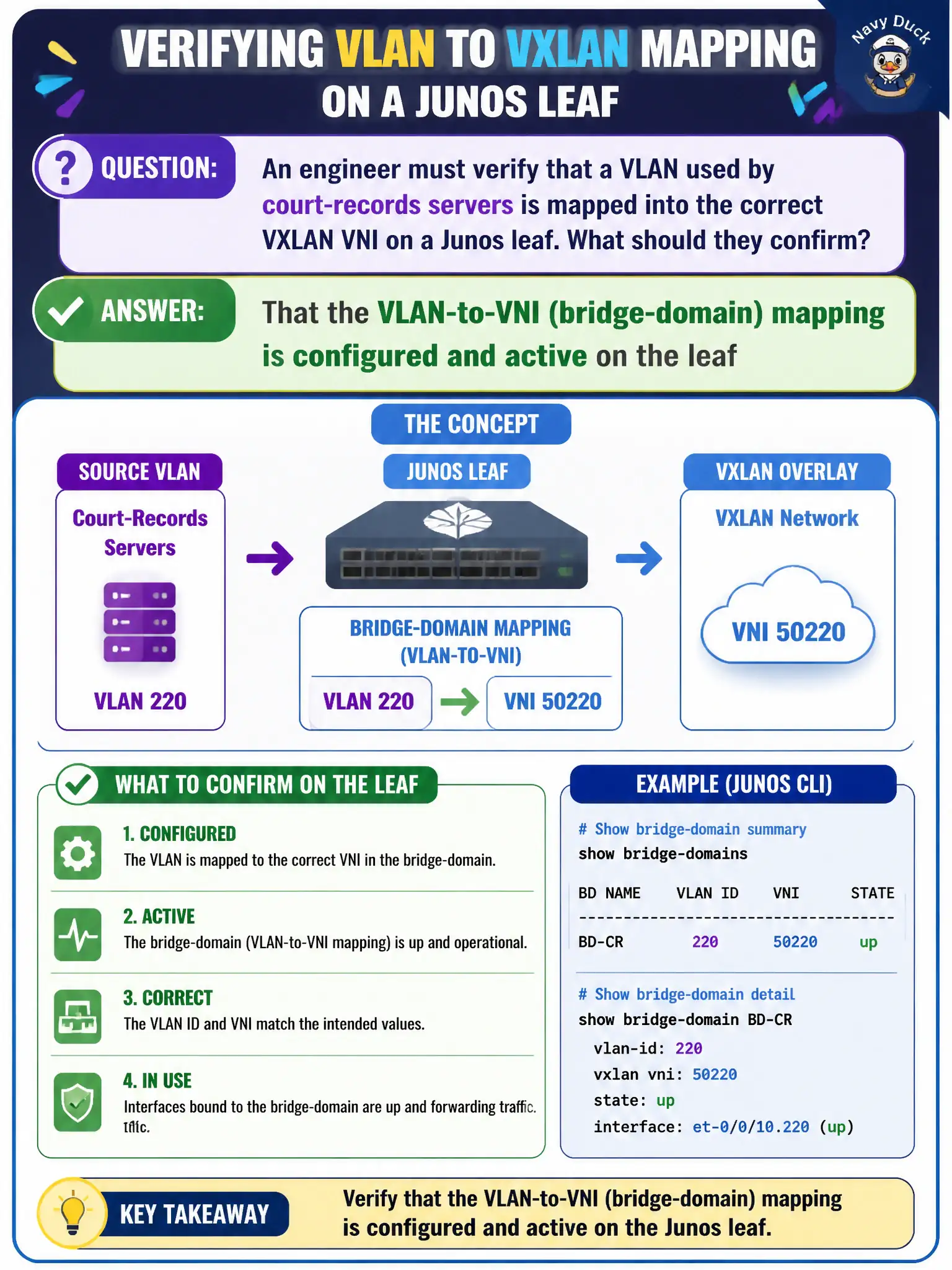 To Create an exciting colorful infographic that explains the concepts in the question: Question: An engineer must verify that a VLAN used by court-records servers is mapped into the correct VXLAN VNI on a Junos leaf. What should they confirm? Correct Answer: That the VLAN-to-VNI (bridge-domain) mapping is configured and active on the leaf Put EVERY visible label in double quotes. No people. No A/B/C/D letters. In one of the four corners put a little "Navy Duck".