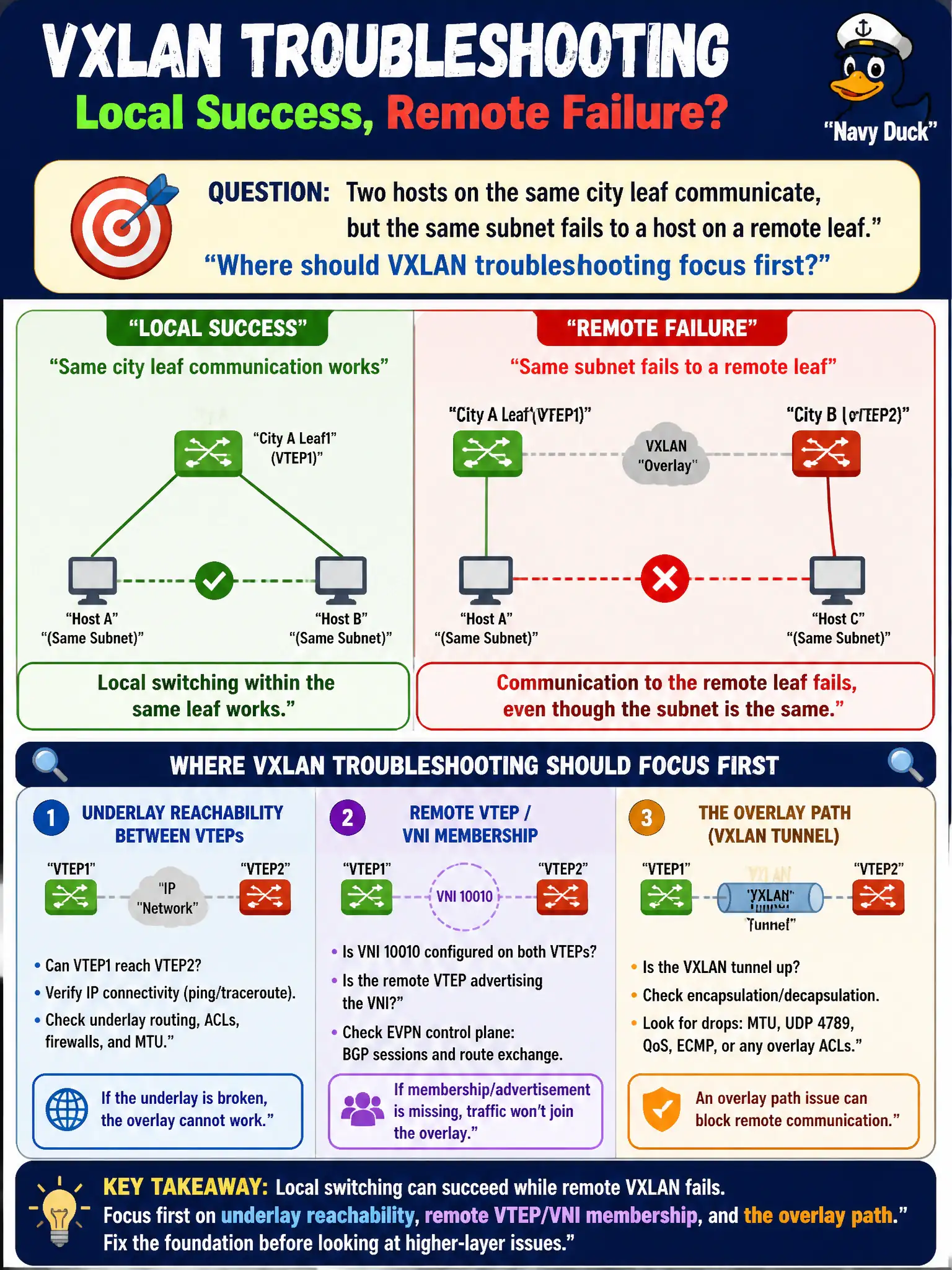 To Create an exciting colorful infographic that explains the concepts in the question: Question: Two hosts on the same city leaf communicate, but the same subnet fails to a host on a remote leaf. Where should VXLAN troubleshooting focus first? Correct Answer: Underlay reachability between VTEPs, remote VTEP/VNI membership, and the overlay path—local switching can succeed while remote VXLAN fails Put EVERY visible label in double quotes. No people. No A/B/C/D letters. In one of the four corners put a little "Navy Duck".