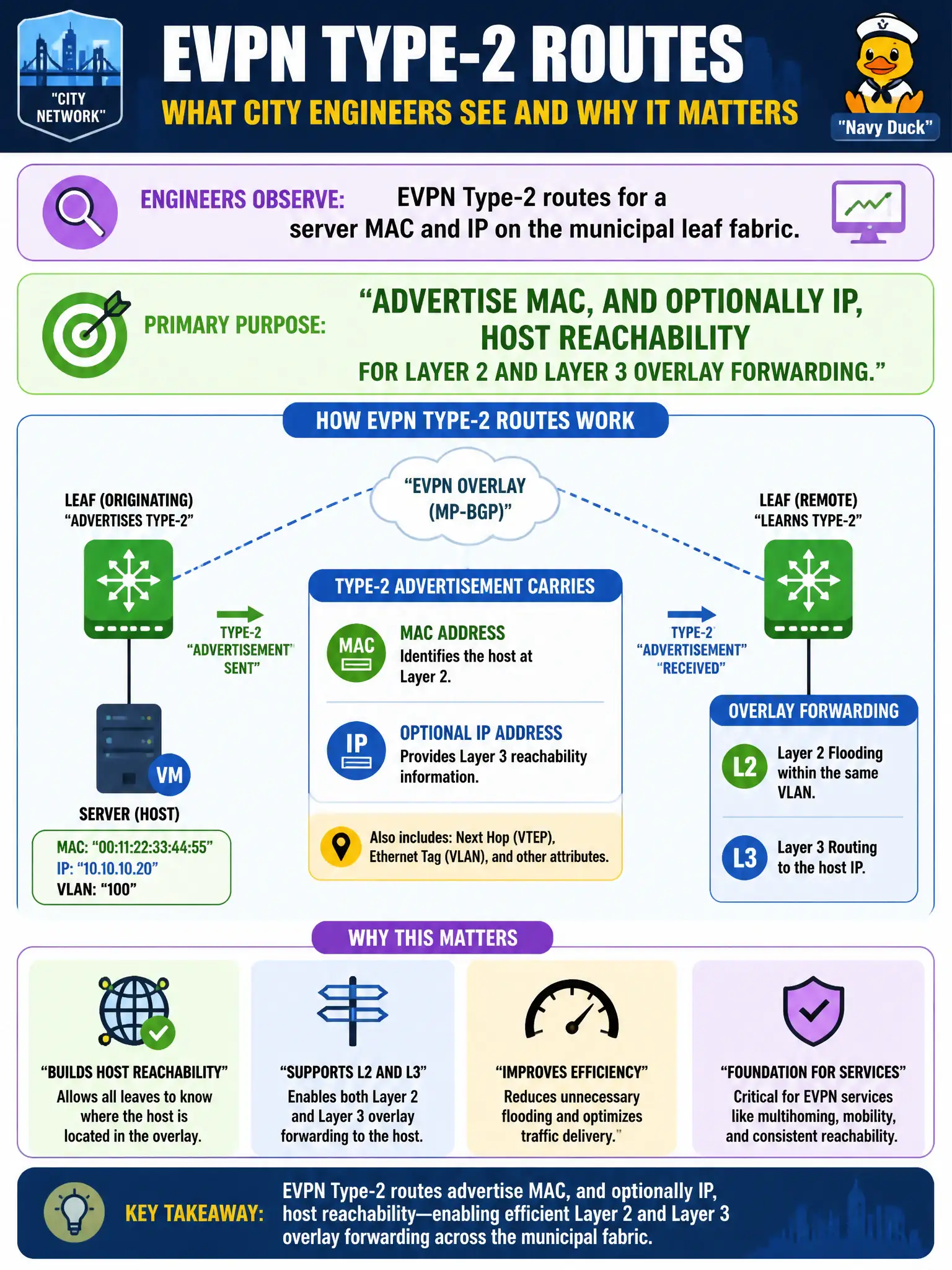 To Create an exciting colorful infographic that explains the concepts in the question: Question: City engineers see EVPN Type-2 routes for a server MAC and IP on the municipal leaf fabric. What is the primary purpose of those Type-2 advertisements? Correct Answer: Advertise MAC, and optionally IP, host reachability for Layer 2 and Layer 3 overlay forwarding. Put EVERY visible label in double quotes. No people. No A/B/C/D letters. In one of the four corners put a little "Navy Duck".