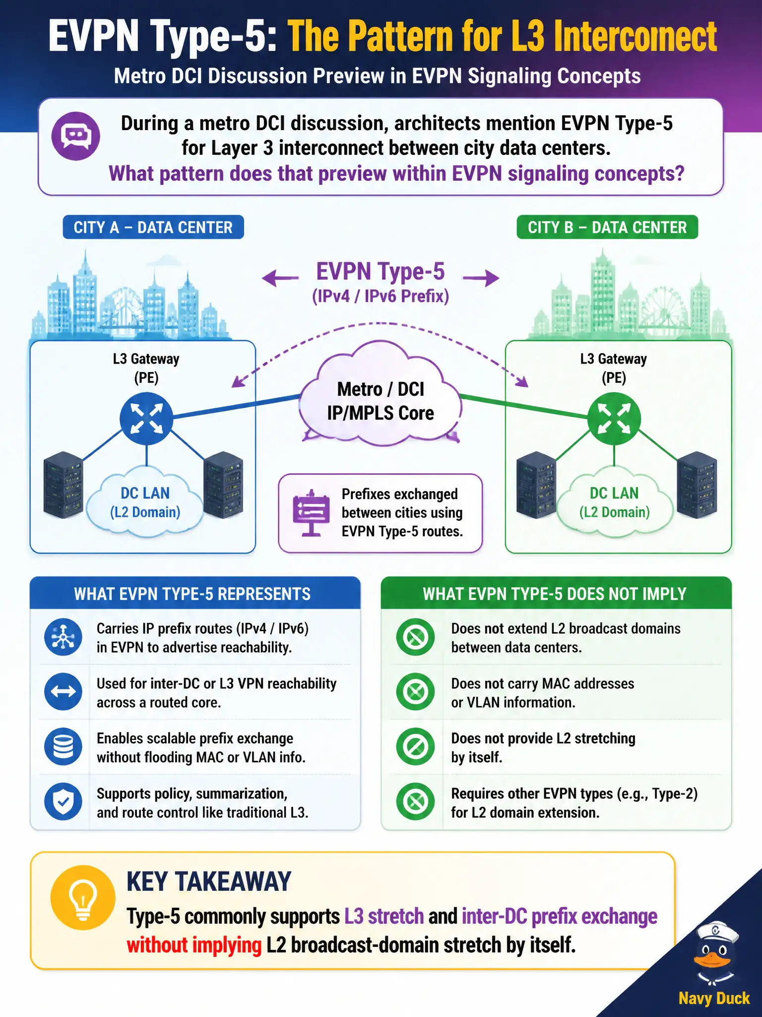 To Create an exciting colorful infographic that explains the concepts in the question: Question: During a metro DCI discussion, architects mention EVPN Type-5 for Layer 3 interconnect between city data centers. What pattern does that preview within EVPN signaling concepts? Correct Answer: Type-5 commonly supports L3 stretch and inter-DC prefix exchange without implying L2 broadcast-domain stretch by itself. Put EVERY visible label in double quotes. No people. No A/B/C/D letters. In one of the four corners put a little "Navy Duck".