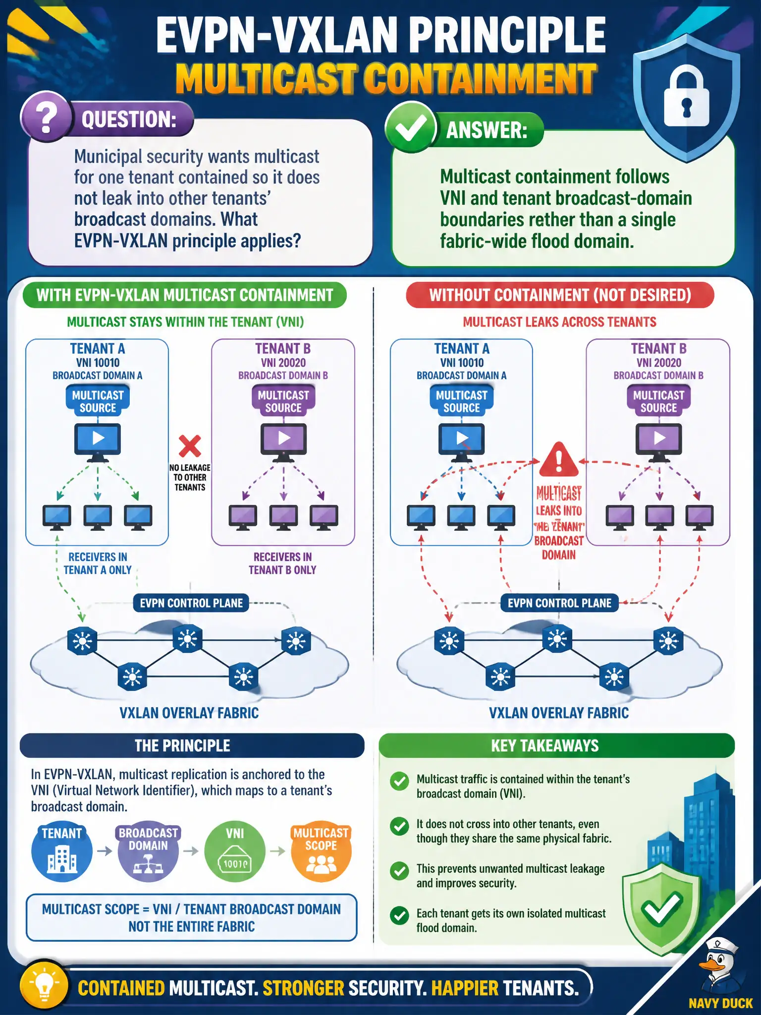 To Create an exciting colorful infographic that explains the concepts in the question: Question: Municipal security wants multicast for one tenant contained so it does not leak into other tenants' broadcast domains. What EVPN-VXLAN principle applies? Correct Answer: Multicast containment follows VNI and tenant broadcast-domain boundaries rather than a single fabric-wide flood domain. Put EVERY visible label in double quotes. No people. No A/B/C/D letters. In one of the four corners put a little "Navy Duck".