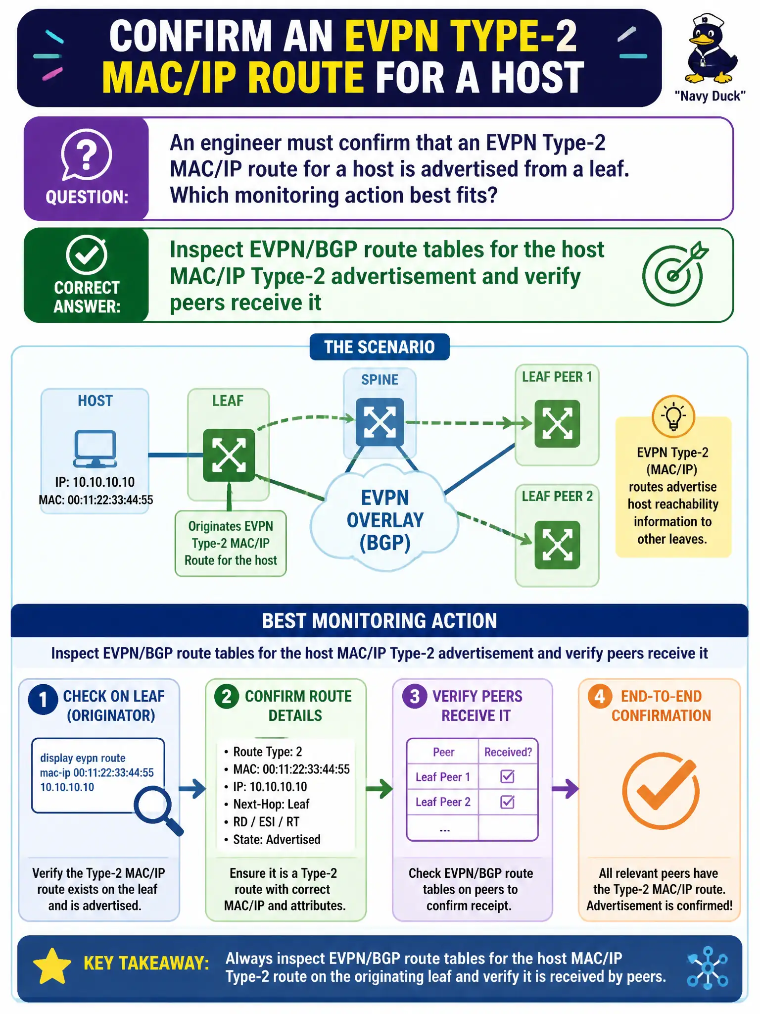 To Create an exciting colorful infographic that explains the concepts in the question: Question: An engineer must confirm that an EVPN Type-2 MAC/IP route for a host is advertised from a leaf. Which monitoring action best fits? Correct Answer: Inspect EVPN/BGP route tables for the host MAC/IP Type-2 advertisement and verify peers receive it Put EVERY visible label in double quotes. No people. No A/B/C/D letters. In one of the four corners put a little "Navy Duck".