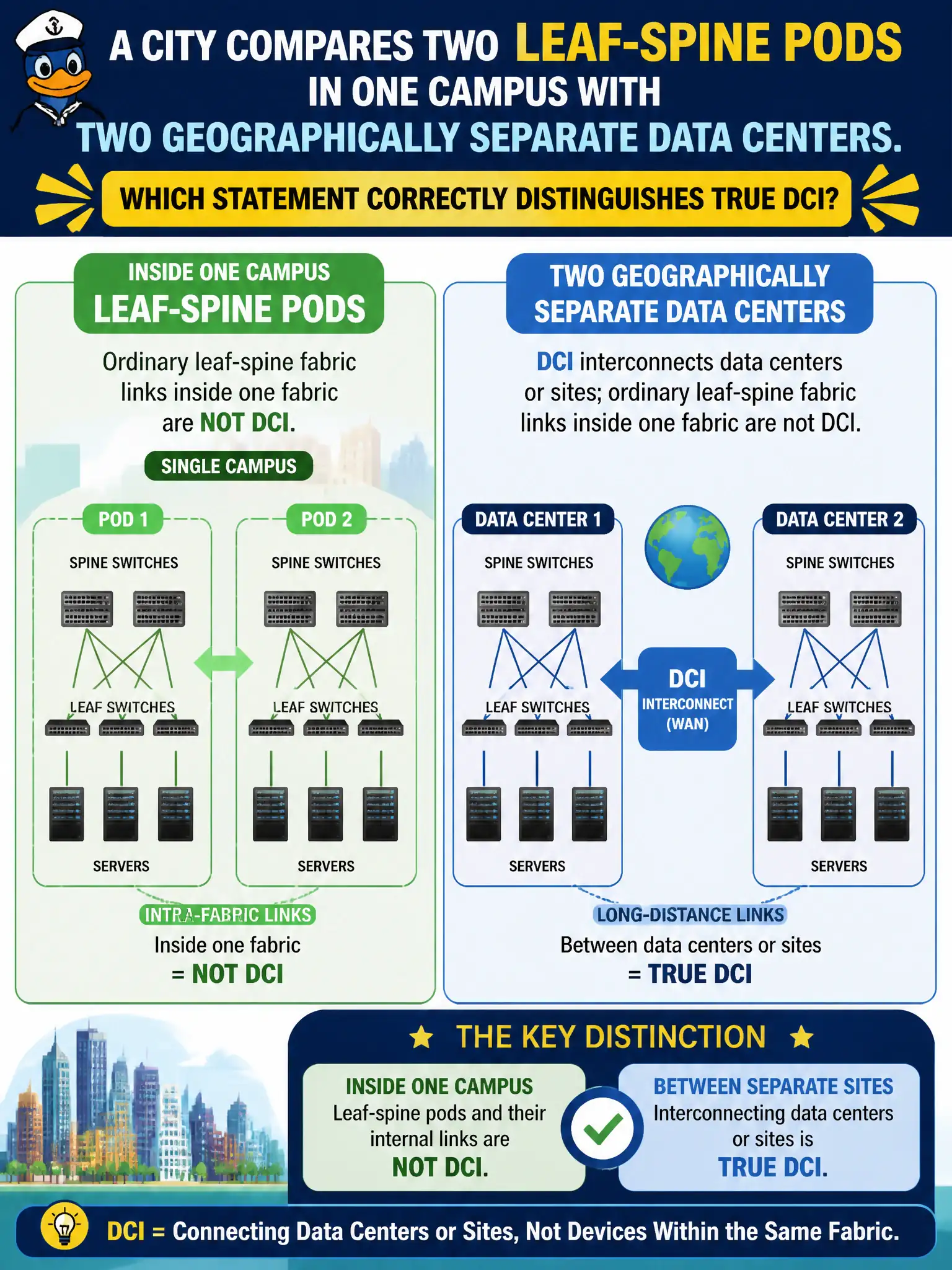 To Create an exciting colorful infographic that explains the concepts in the question: Question: A city compares two leaf-spine pods in one campus with two geographically separate data centers. Which statement correctly distinguishes true DCI? Correct Answer: DCI interconnects data centers or sites; ordinary leaf-spine fabric links inside one fabric are not DCI Put EVERY visible label in double quotes. No people. No A/B/C/D letters. In one of the four corners put a little "Navy Duck".