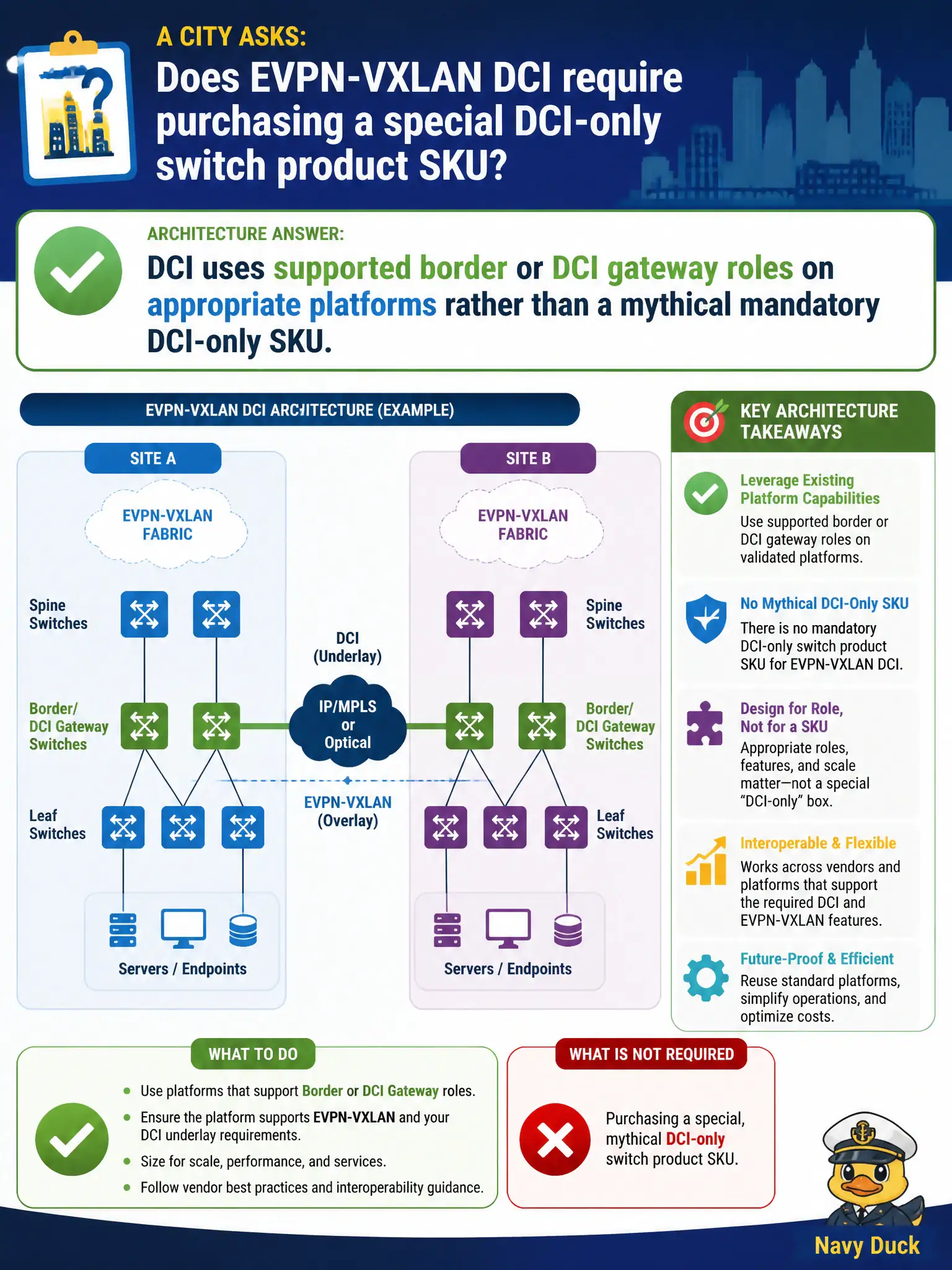 To Create an exciting colorful infographic that explains the concepts in the question: Question: A city asks whether EVPN-VXLAN DCI requires purchasing a special DCI-only switch product SKU. What should the architecture answer emphasize? Correct Answer: DCI uses supported border or DCI gateway roles on appropriate platforms rather than a mythical mandatory DCI-only SKU Put EVERY visible label in double quotes. No people. No A/B/C/D letters. In one of the four corners put a little "Navy Duck".