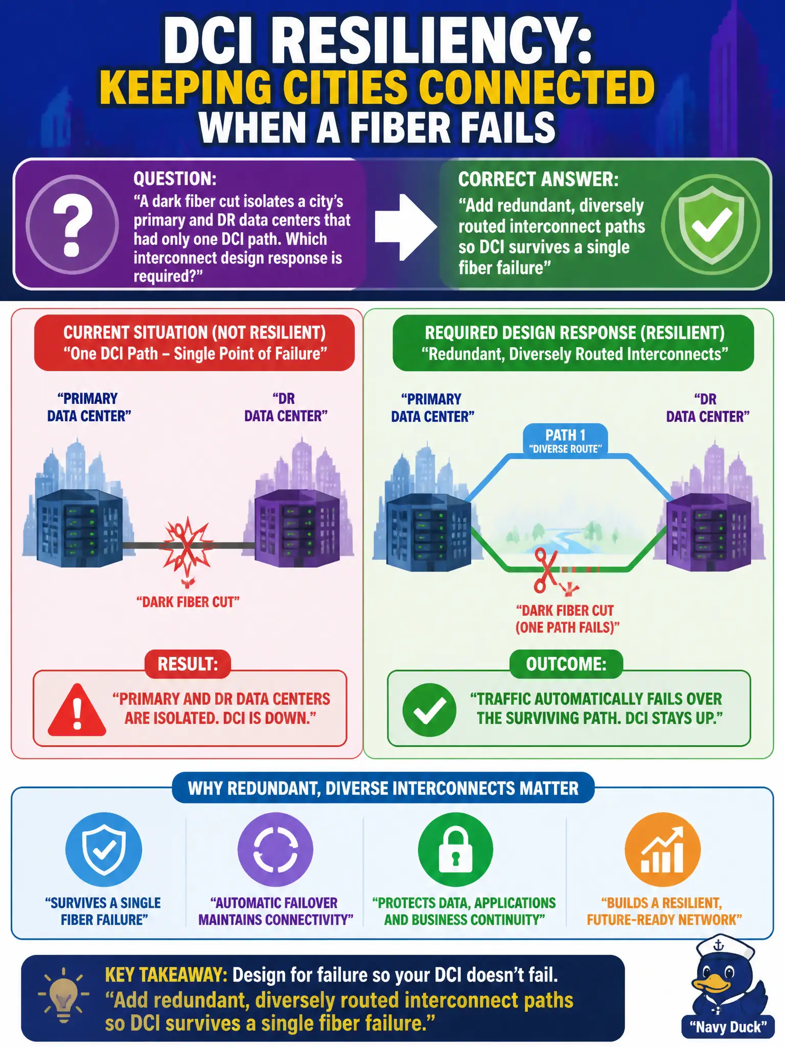To Create an exciting colorful infographic that explains the concepts in the question: Question: A dark fiber cut isolates a city's primary and DR data centers that had only one DCI path. Which interconnect design response is required? Correct Answer: Add redundant, diversely routed interconnect paths so DCI survives a single fiber failure Put EVERY visible label in double quotes. No people. No A/B/C/D letters. In one of the four corners put a little "Navy Duck".