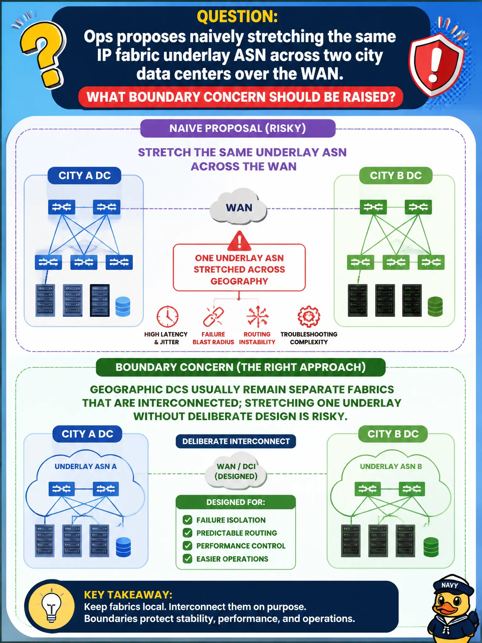 To Create an exciting colorful infographic that explains the concepts in the question: Question: Ops proposes naively stretching the same IP fabric underlay ASN across two city data centers over the WAN. What boundary concern should be raised? Correct Answer: Geographic DCs usually remain separate fabrics that are interconnected; stretching one underlay without deliberate design is risky Put EVERY visible label in double quotes. No people. No A/B/C/D letters. In one of the four corners put a little "Navy Duck".