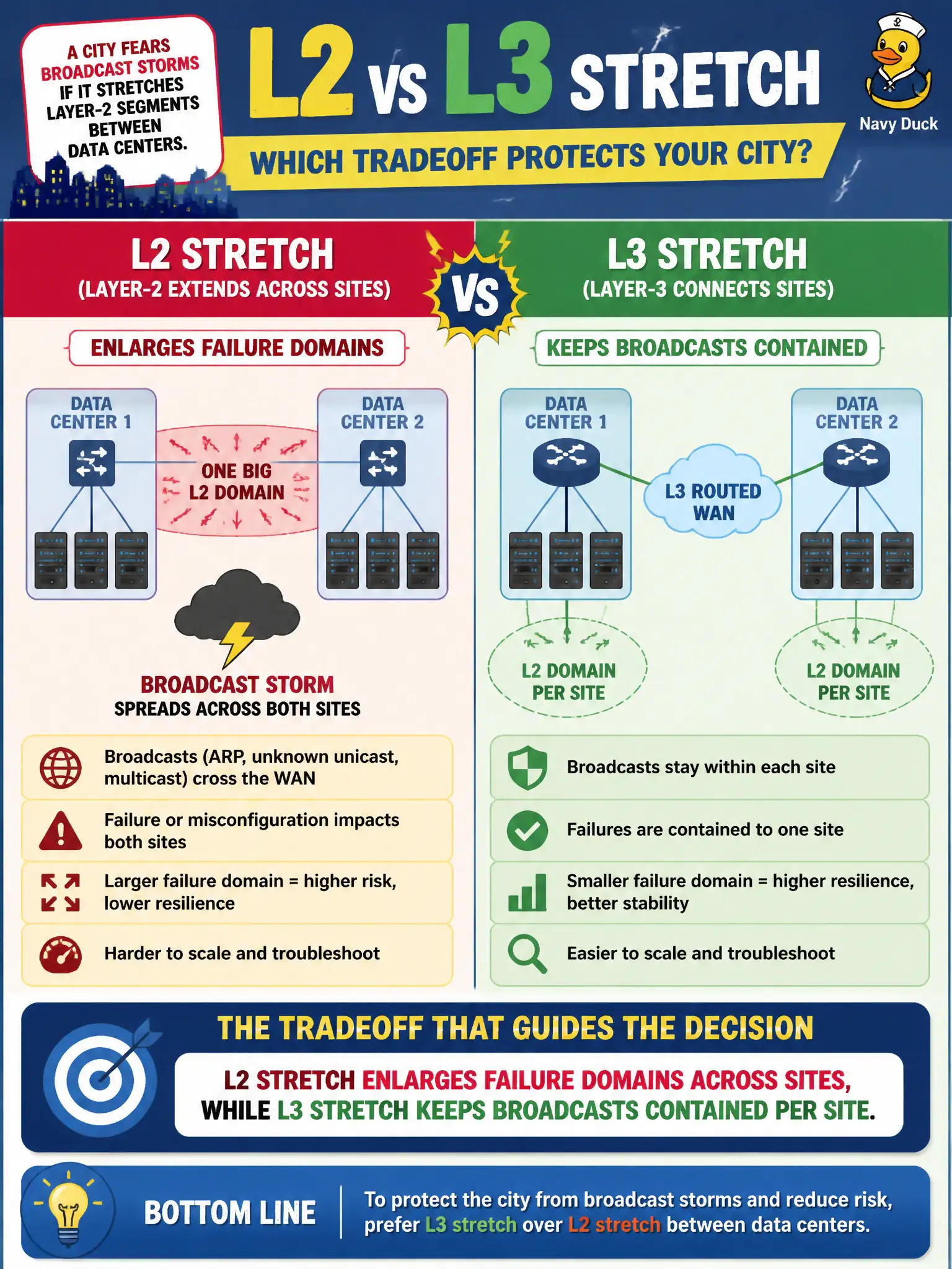 To Create an exciting colorful infographic that explains the concepts in the question: Question: A city fears broadcast storms if it stretches Layer-2 segments between data centers. Which L2-versus-L3 stretch tradeoff should guide the decision? Correct Answer: L2 stretch enlarges failure domains across sites, while L3 stretch keeps broadcasts contained per site Put EVERY visible label in double quotes. No people. No A/B/C/D letters. In one of the four corners put a little "Navy Duck".