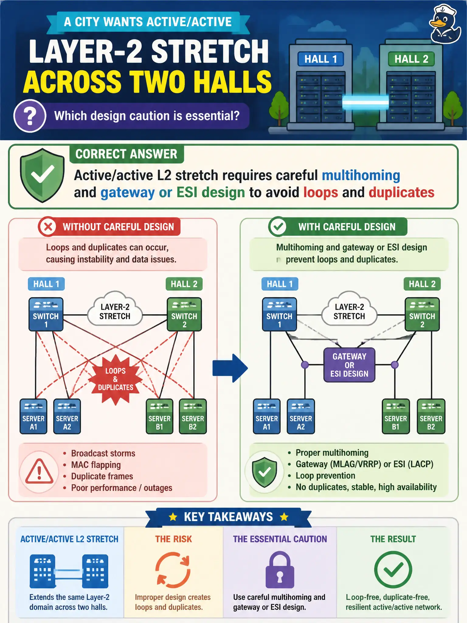 To Create an exciting colorful infographic that explains the concepts in the question: Question: A city wants active/active Layer-2 stretch across two halls. Which design caution is essential? Correct Answer: Active/active L2 stretch requires careful multihoming and gateway or ESI design to avoid loops and duplicates Put EVERY visible label in double quotes. No people. No A/B/C/D letters. In one of the four corners put a little "Navy Duck".