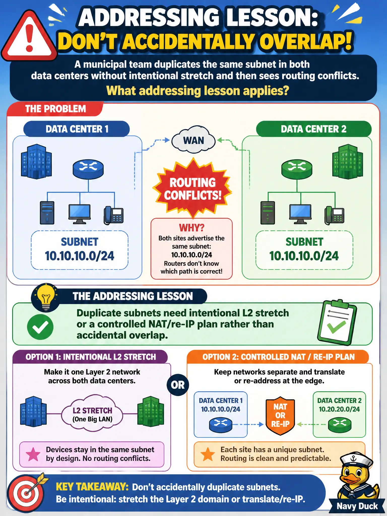 To Create an exciting colorful infographic that explains the concepts in the question: Question: A municipal team duplicates the same subnet in both data centers without intentional stretch and then sees routing conflicts. What addressing lesson applies? Correct Answer: Duplicate subnets need intentional L2 stretch or a controlled NAT/re-IP plan rather than accidental overlap Put EVERY visible label in double quotes. No people. No A/B/C/D letters. In one of the four corners put a little "Navy Duck".