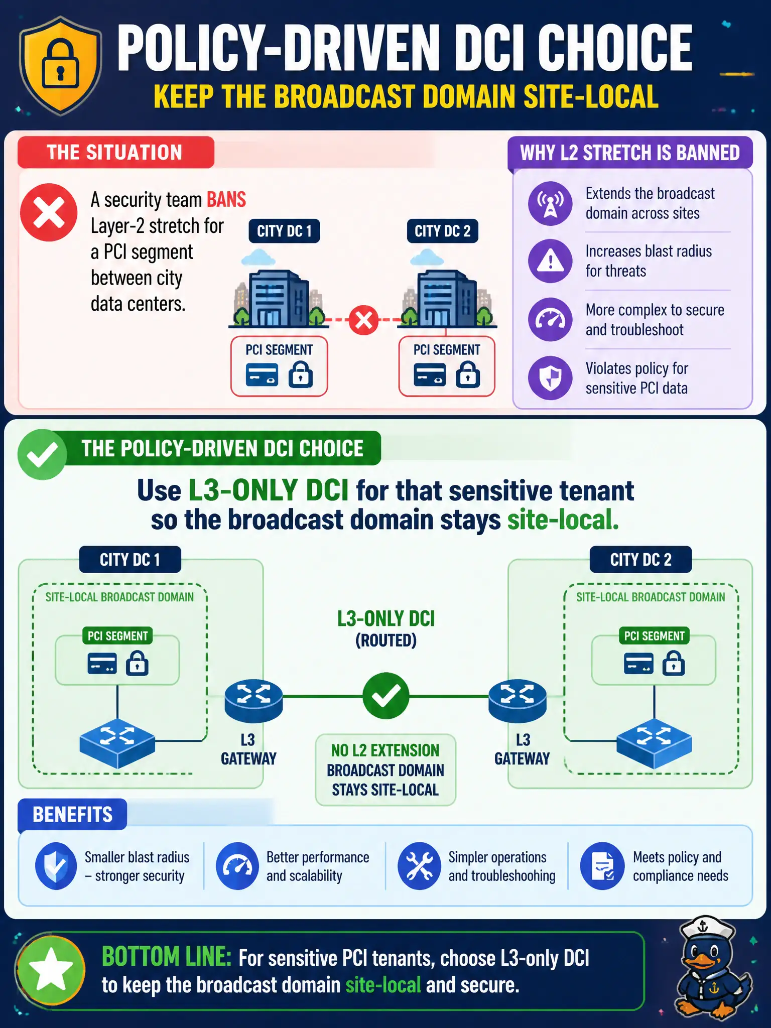 To Create an exciting colorful infographic that explains the concepts in the question: Question: A security team bans Layer-2 stretch for a PCI segment between city data centers. Which policy-driven DCI choice follows? Correct Answer: Use L3-only DCI for that sensitive tenant so the broadcast domain stays site-local Put EVERY visible label in double quotes. No people. No A/B/C/D letters. In one of the four corners put a little "Navy Duck".