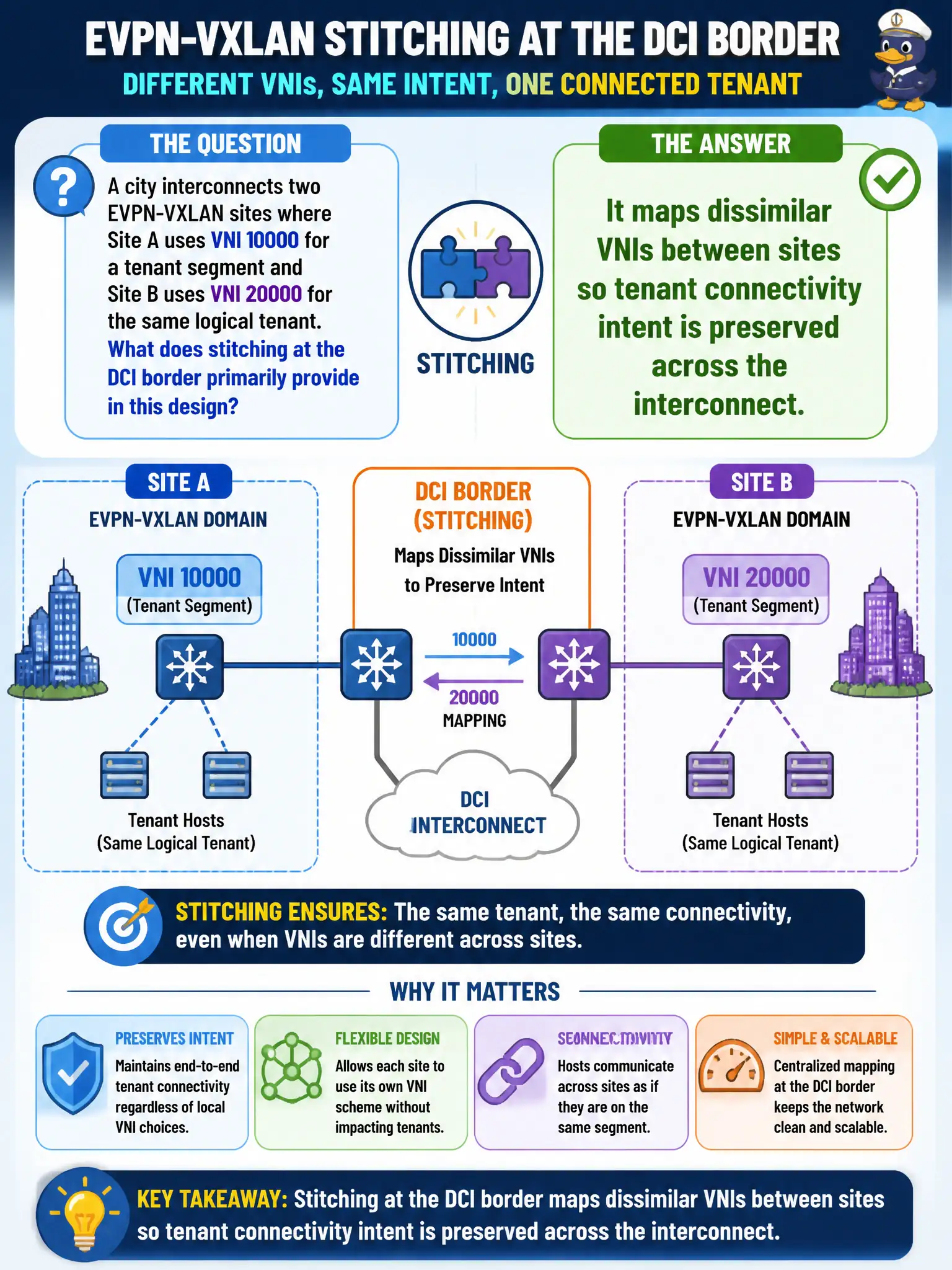 To Create an exciting colorful infographic that explains the concepts in the question: Question: A city interconnects two EVPN-VXLAN sites where Site A uses VNI 10000 for a tenant segment and Site B uses VNI 20000 for the same logical tenant. What does stitching at the DCI border primarily provide in this design? Correct Answer: It maps dissimilar VNIs between sites so tenant connectivity intent is preserved across the interconnect Put EVERY visible label in double quotes. No people. No A/B/C/D letters. In one of the four corners put a little "Navy Duck".