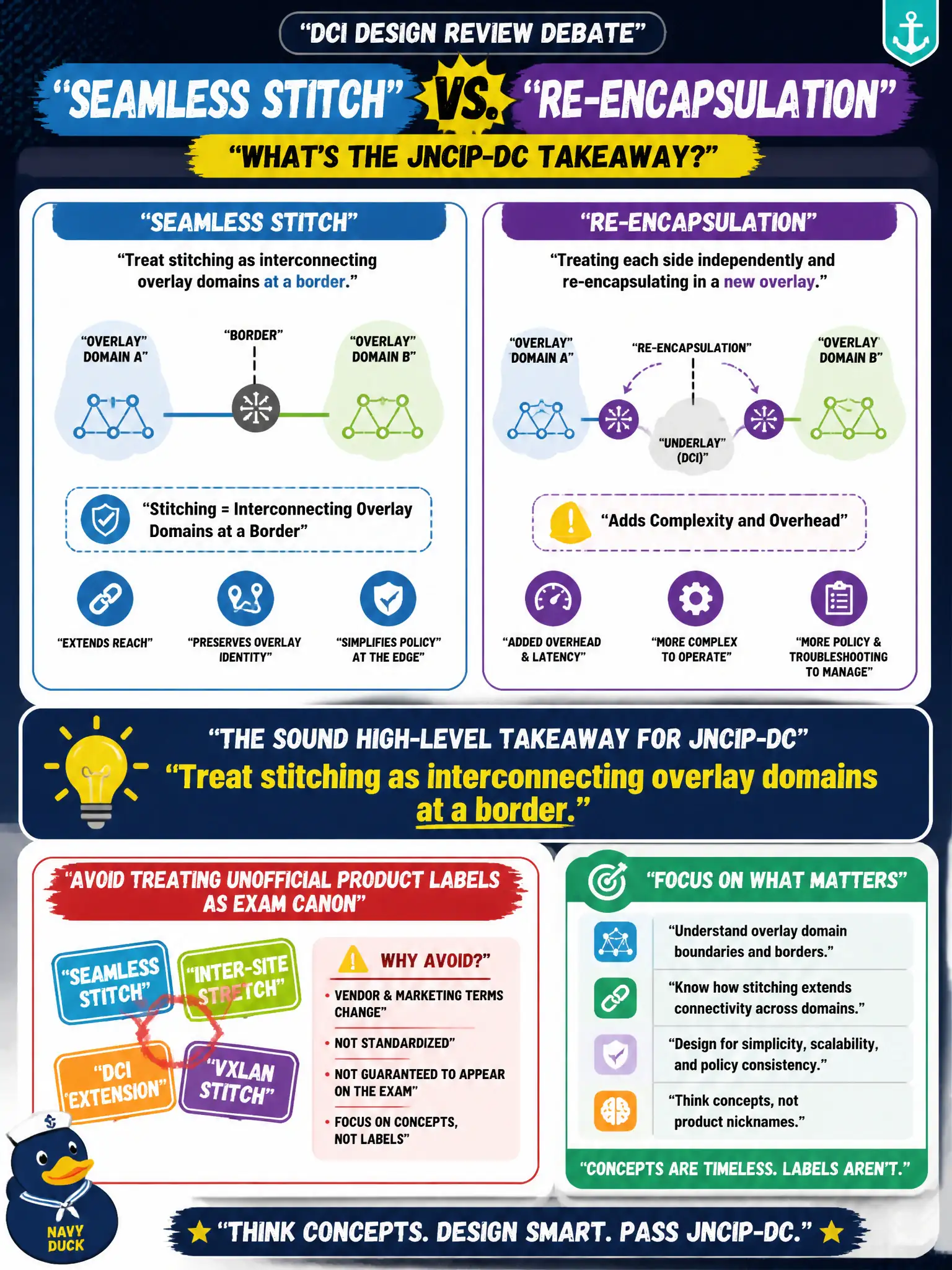 To Create an exciting colorful infographic that explains the concepts in the question: Question: During a civic DCI design review, engineers debate “seamless stitch” versus re-encapsulation between overlay domains. What is the sound high-level takeaway for JNCIP-DC? Correct Answer: Treat stitching as interconnecting overlay domains at a border, and avoid treating unofficial product labels as exam canon Put EVERY visible label in double quotes. No people. No A/B/C/D letters. In one of the four corners put a little "Navy Duck".