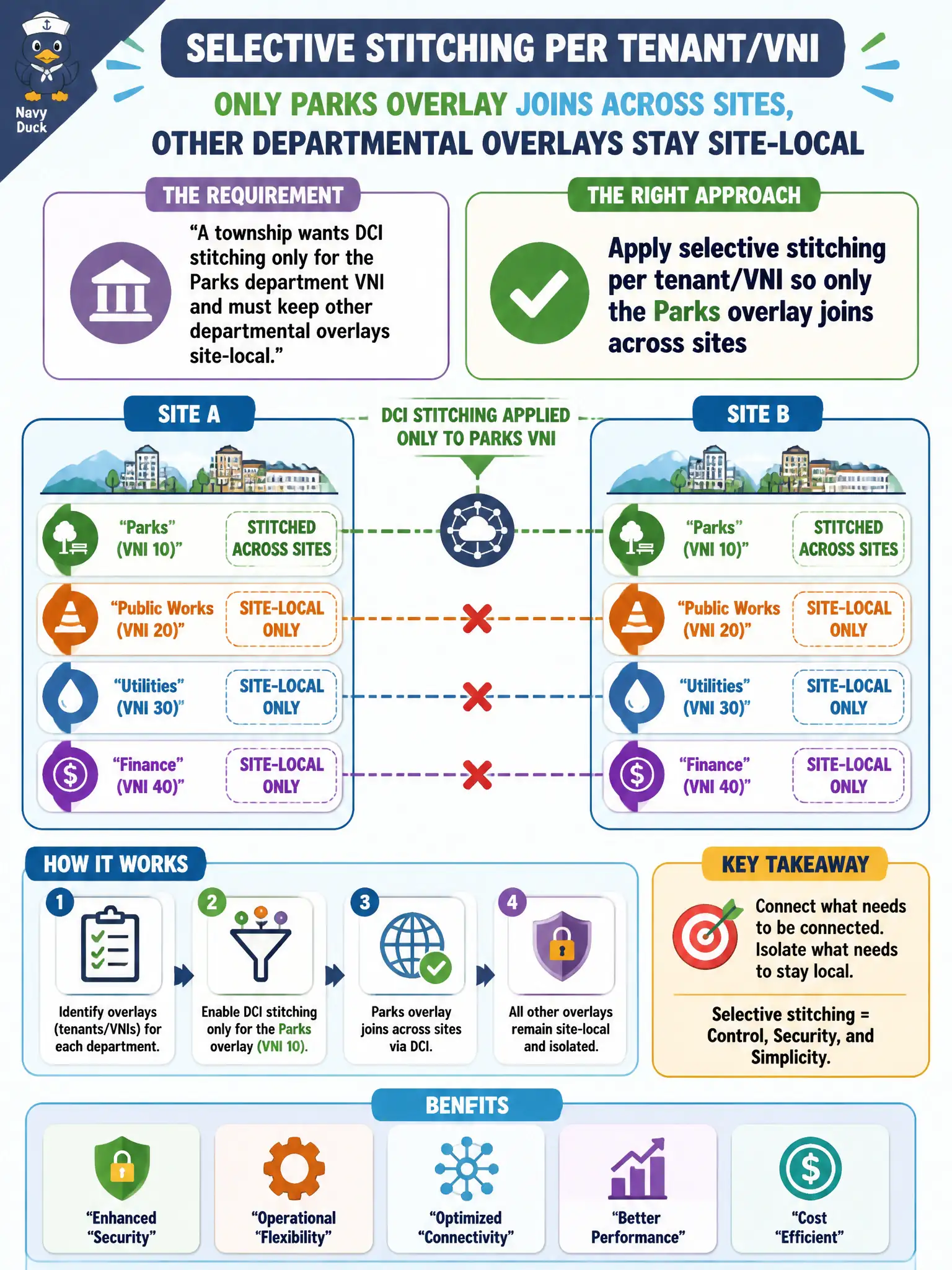 To Create an exciting colorful infographic that explains the concepts in the question: Question: A township wants DCI stitching only for the Parks department VNI and must keep other departmental overlays site-local. Which approach matches that requirement? Correct Answer: Apply selective stitching per tenant/VNI so only the Parks overlay joins across sites Put EVERY visible label in double quotes. No people. No A/B/C/D letters. In one of the four corners put a little "Navy Duck".