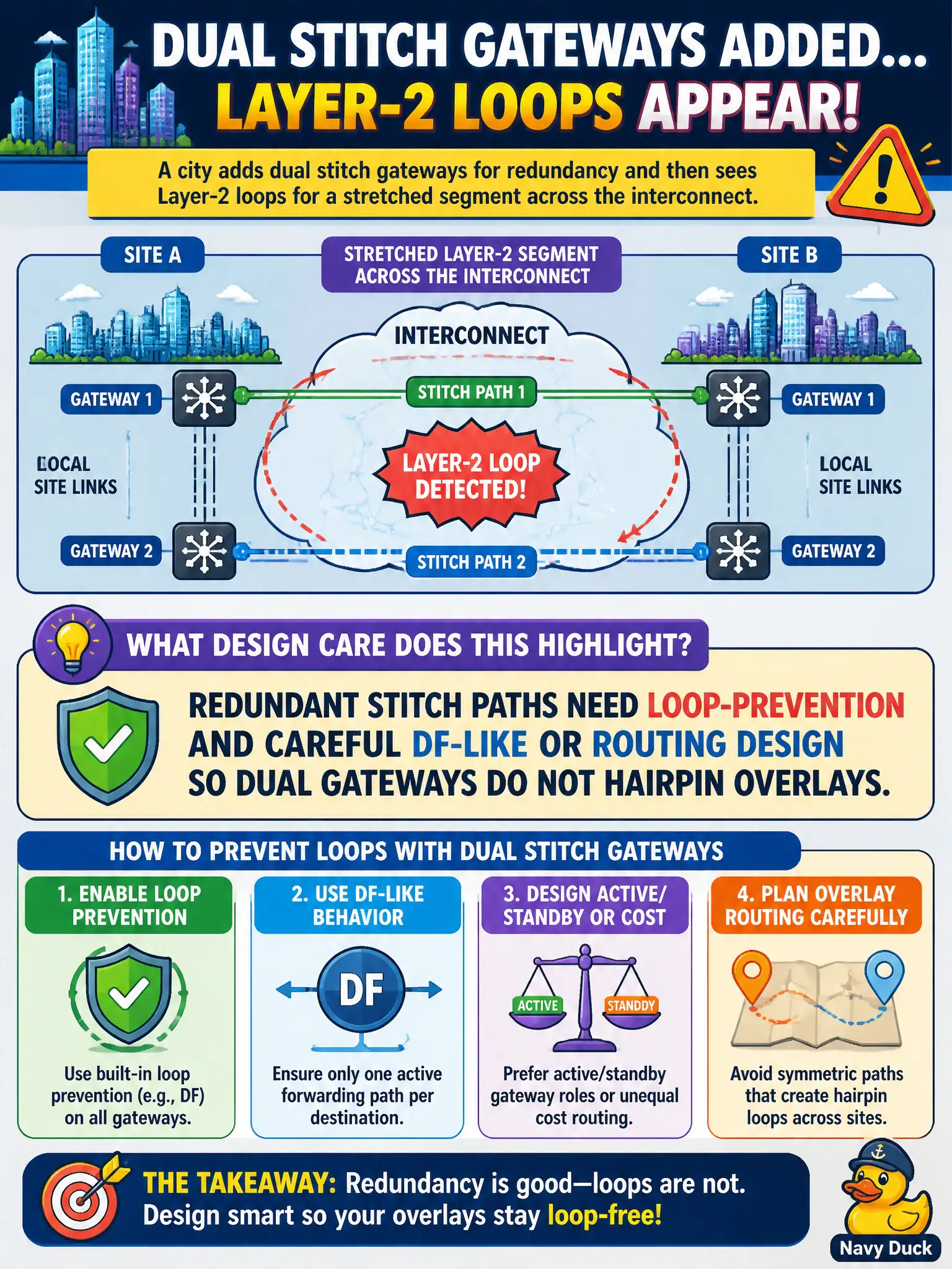 To Create an exciting colorful infographic that explains the concepts in the question: Question: A city adds dual stitch gateways for redundancy and then sees Layer-2 loops for a stretched segment across the interconnect. What design care does this highlight? Correct Answer: Redundant stitch paths need loop-prevention and careful DF-like or routing design so dual gateways do not hairpin overlays Put EVERY visible label in double quotes. No people. No A/B/C/D letters. In one of the four corners put a little "Navy Duck".